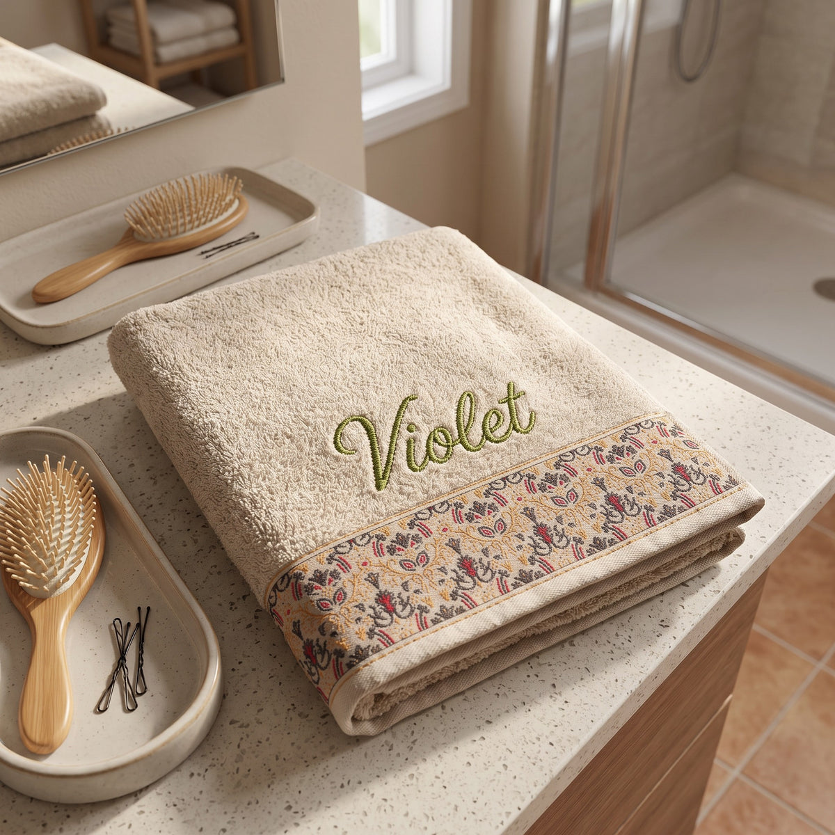 Violet personalized hair towel, olive green script embroidery on cream cotton with a patterned border — photo 4