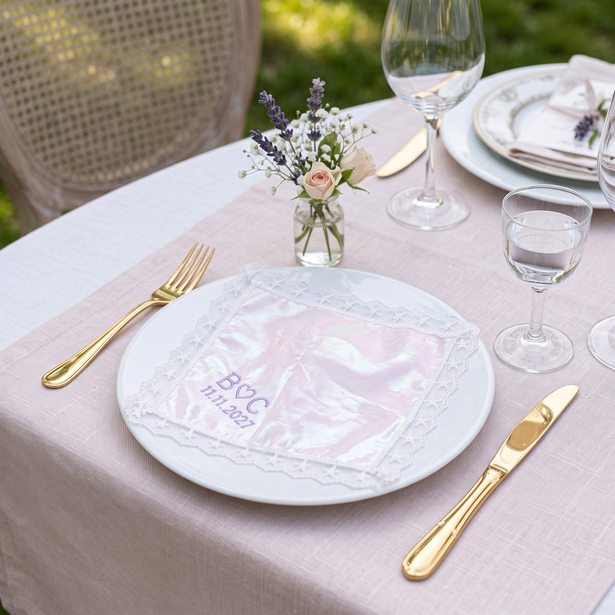 B heart C initials personalized wedding handkerchief, lavender embroidery on rainbow organza with lace edge — photo 4
