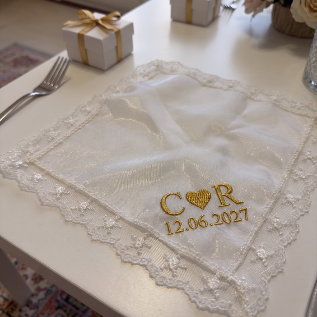 C heart R initials personalized wedding handkerchief, gold embroidery on white organza with lace edge — photo 3