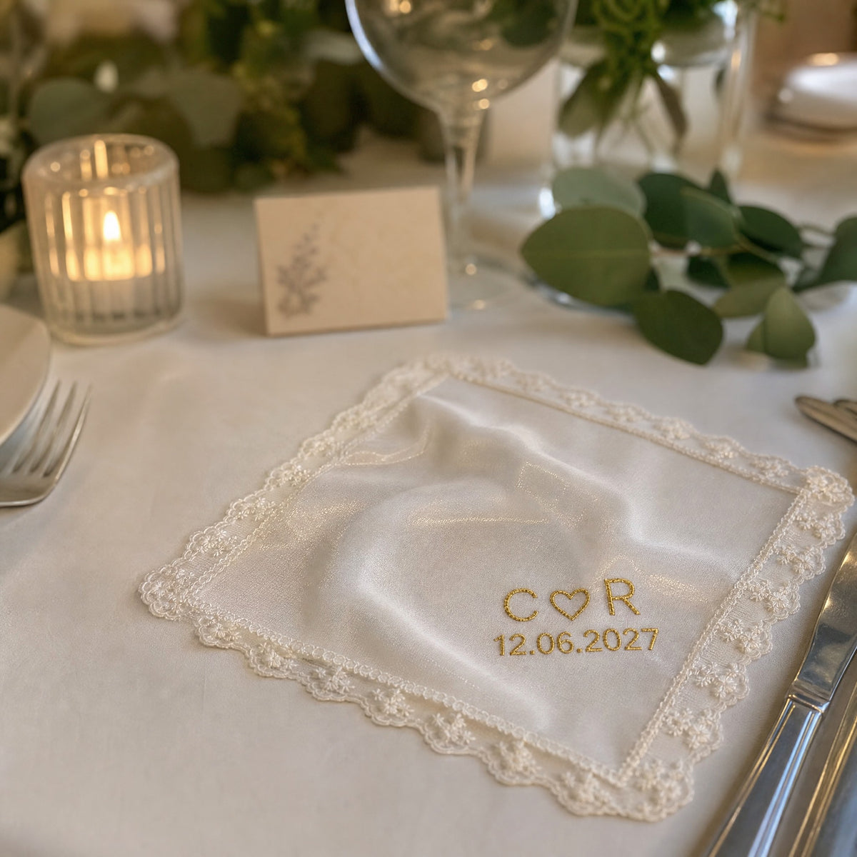 C heart R initials personalized wedding handkerchief, gold embroidery on white organza with lace edge — photo 4