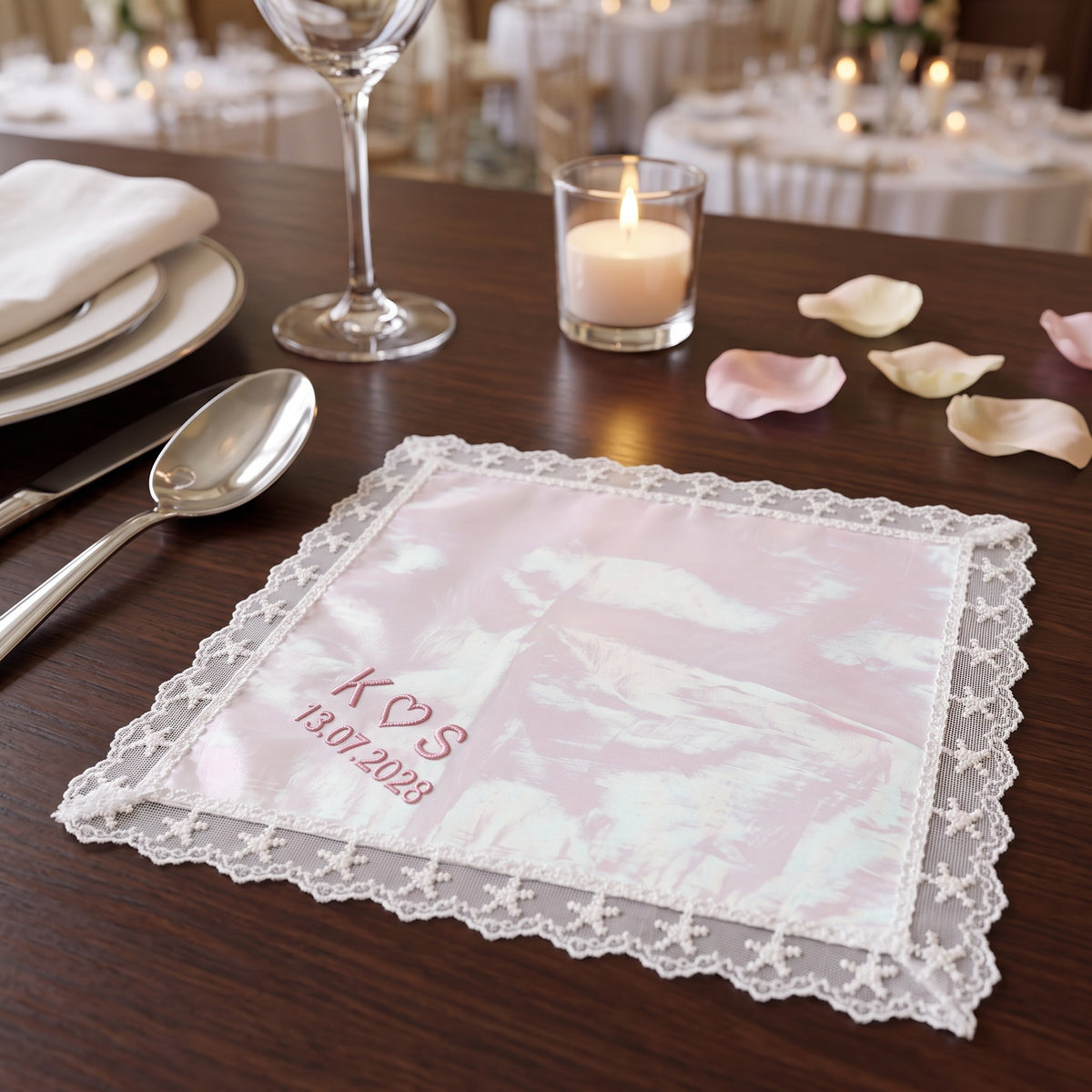 K heart S initials personalized wedding handkerchief, pink embroidery on rainbow organza with lace edge — photo 3