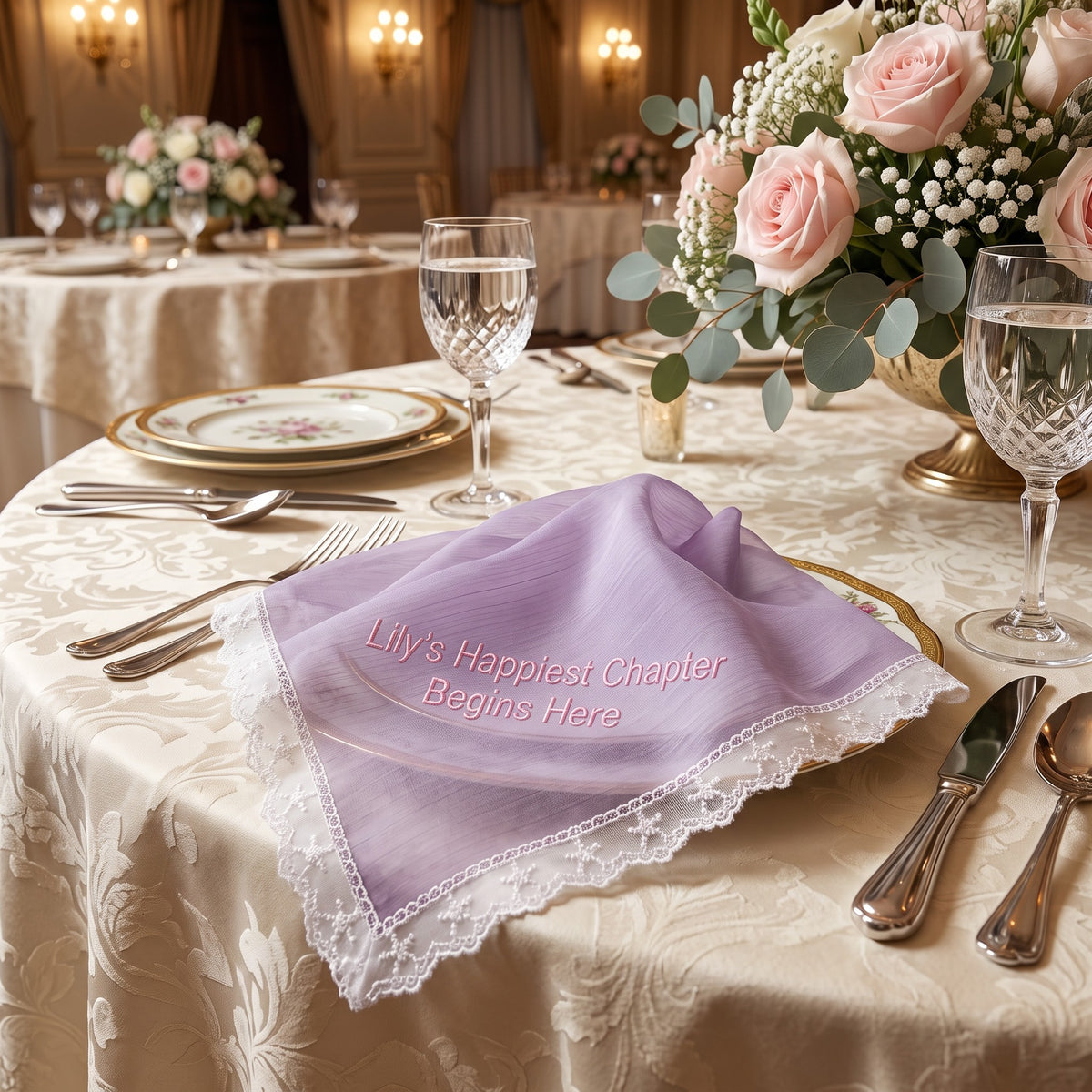 "Lily's Happiest Chapter" personalized wedding handkerchief, pink embroidery on iridescent lilac organza with lace edge — photo 3