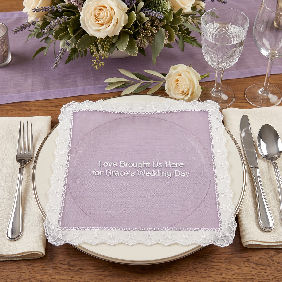 "Love Brought Us Here" personalized wedding handkerchief, white embroidery on iridescent lilac organza with lace edge — photo 3