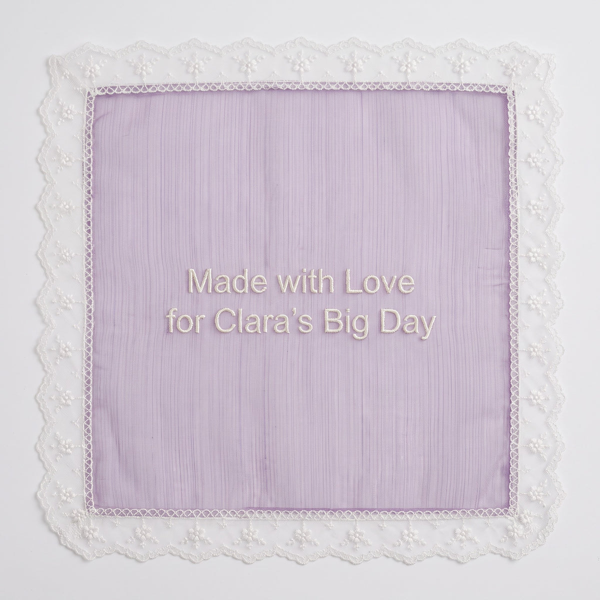 "Made with Love" personalized wedding handkerchief, white embroidery on iridescent lilac organza with lace edge — photo 3