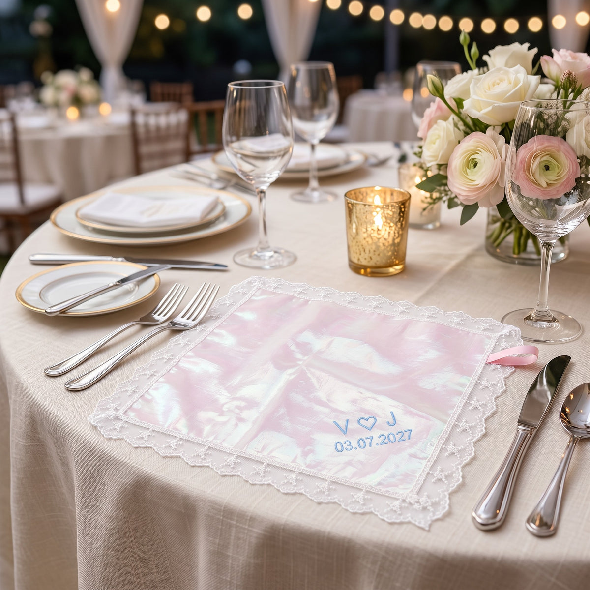 V heart J initials personalized wedding handkerchief, light blue embroidery on rainbow organza with lace edge — photo 2