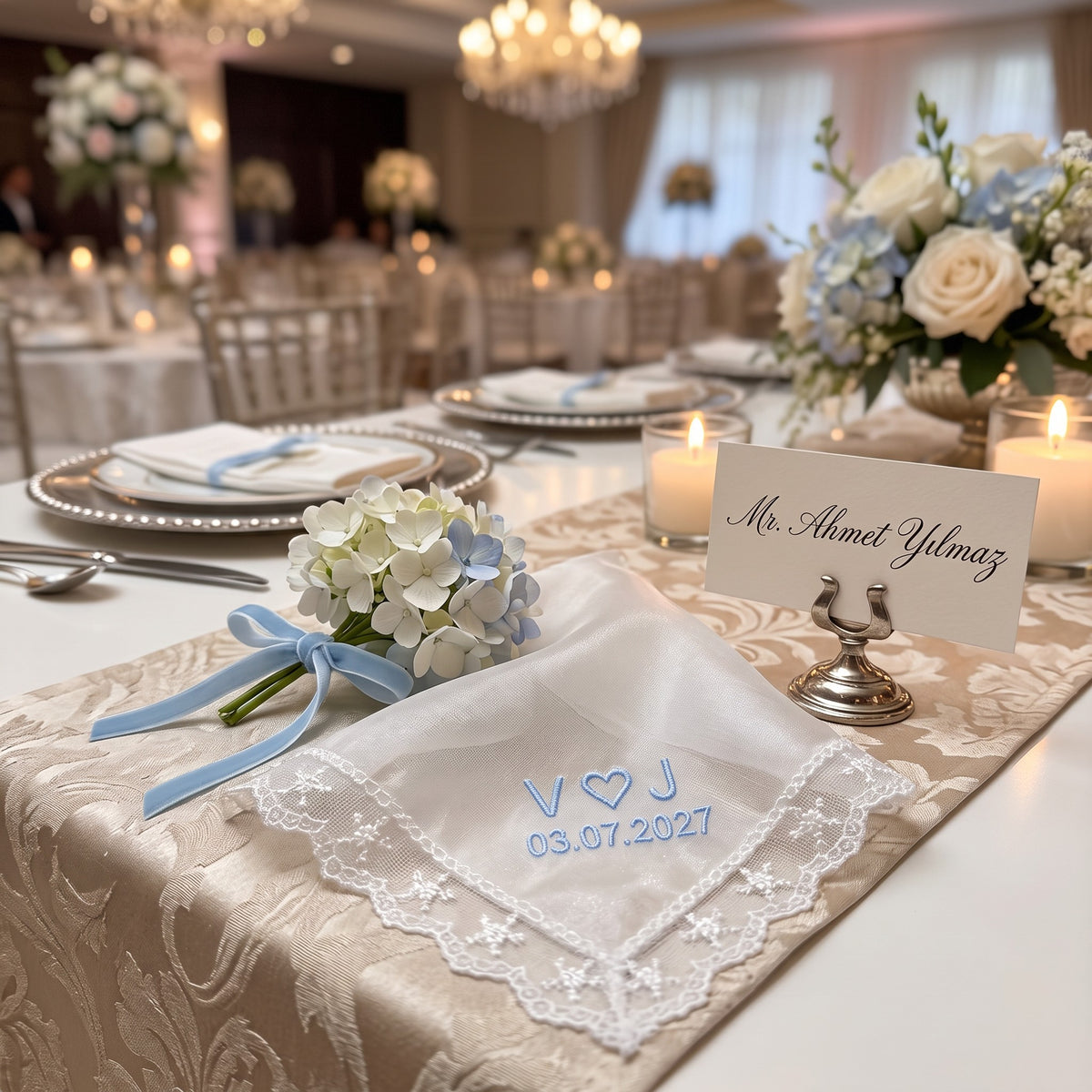 V heart J initials personalized wedding handkerchief, light blue embroidery on white organza with lace edge — photo 3