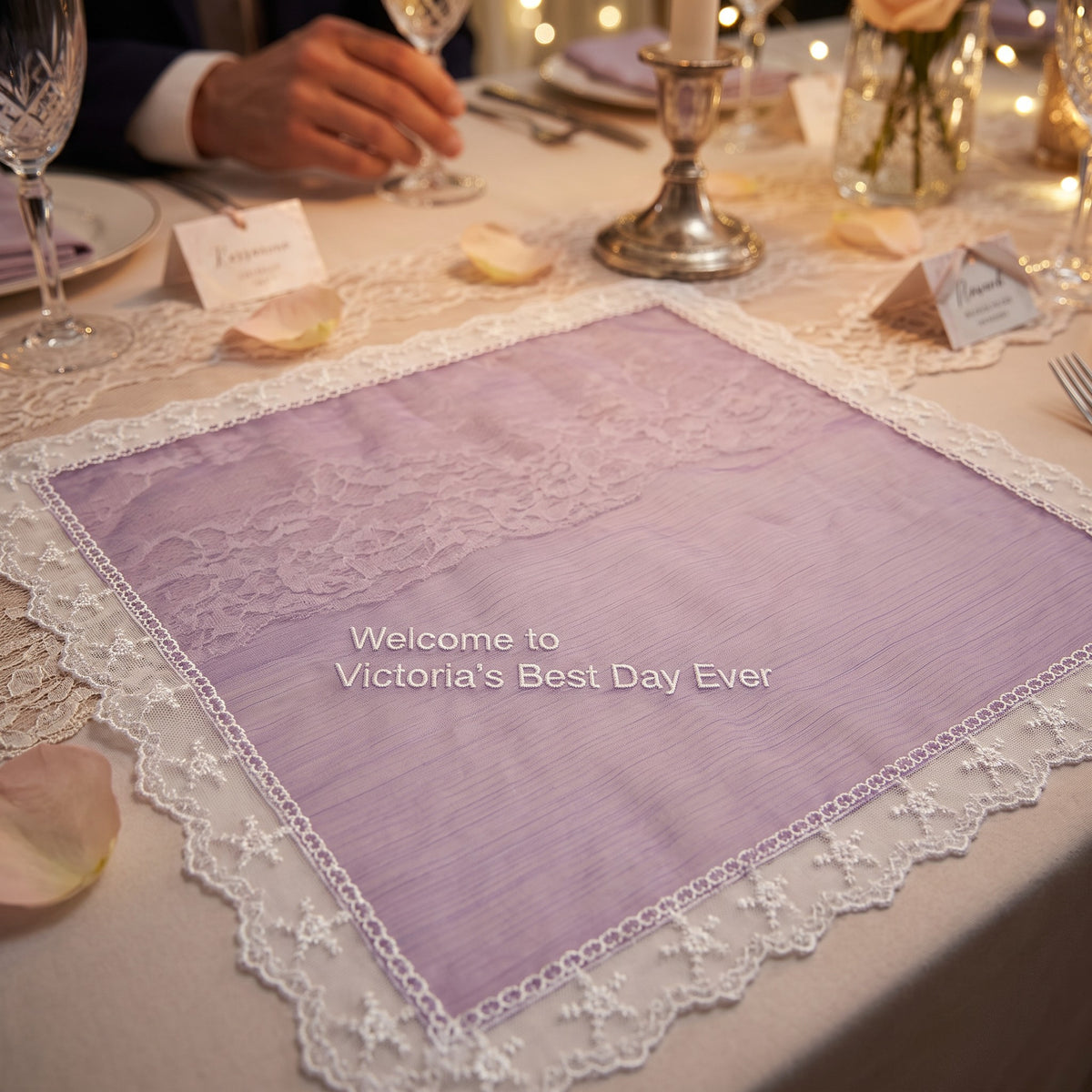 "Victoria's Best Day Ever" personalized wedding handkerchief, white embroidery on iridescent lilac organza with lace edge — photo 3
