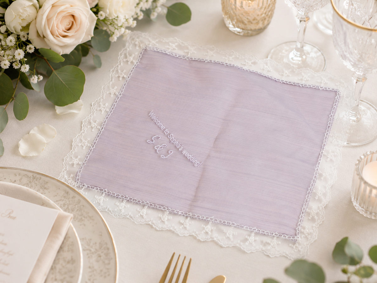 "Welcome to Sophia's Wedding" personalized wedding handkerchief, white embroidery on iridescent lilac organza with lace edge