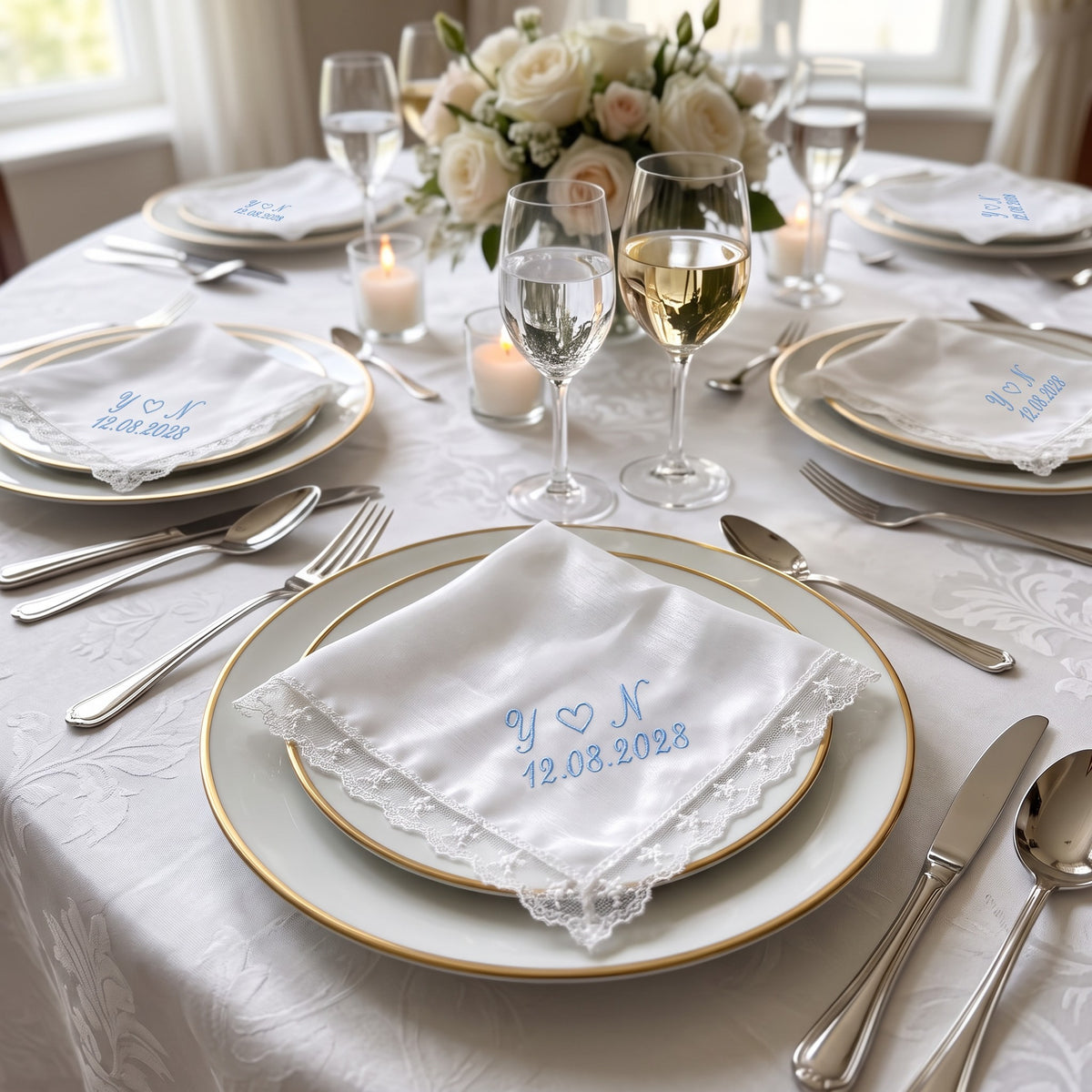 Y heart N initials personalized wedding handkerchief, light blue embroidery on white organza with lace edge — photo 4