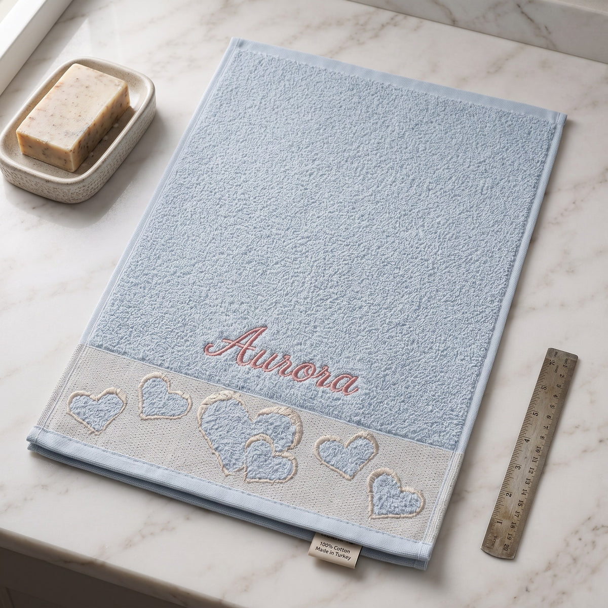 Aurora personalized heart hand towel, rose pink script embroidery on baby blue cotton — photo 3