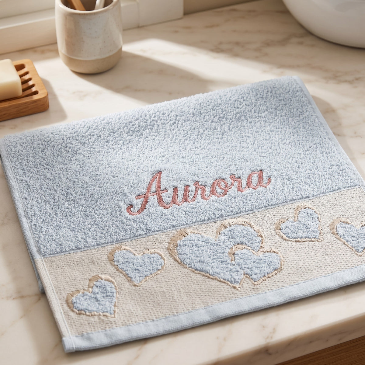 Aurora personalized heart hand towel, rose pink script embroidery on baby blue cotton — photo 5