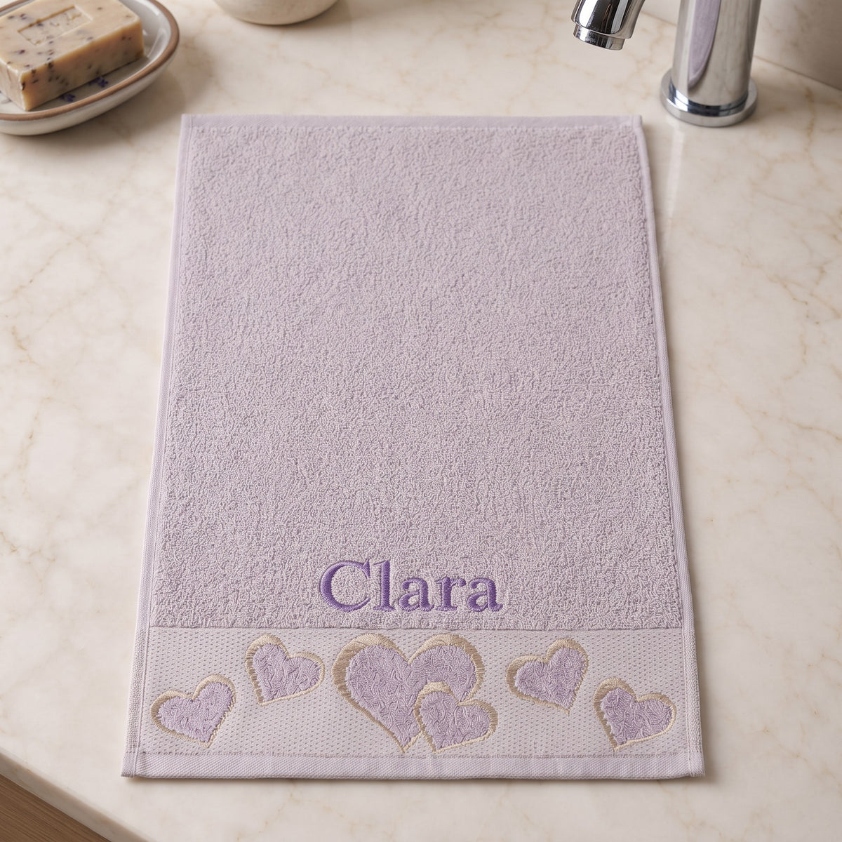 Clara personalized heart hand towel, lavender serif embroidery on mauve cotton — photo 3