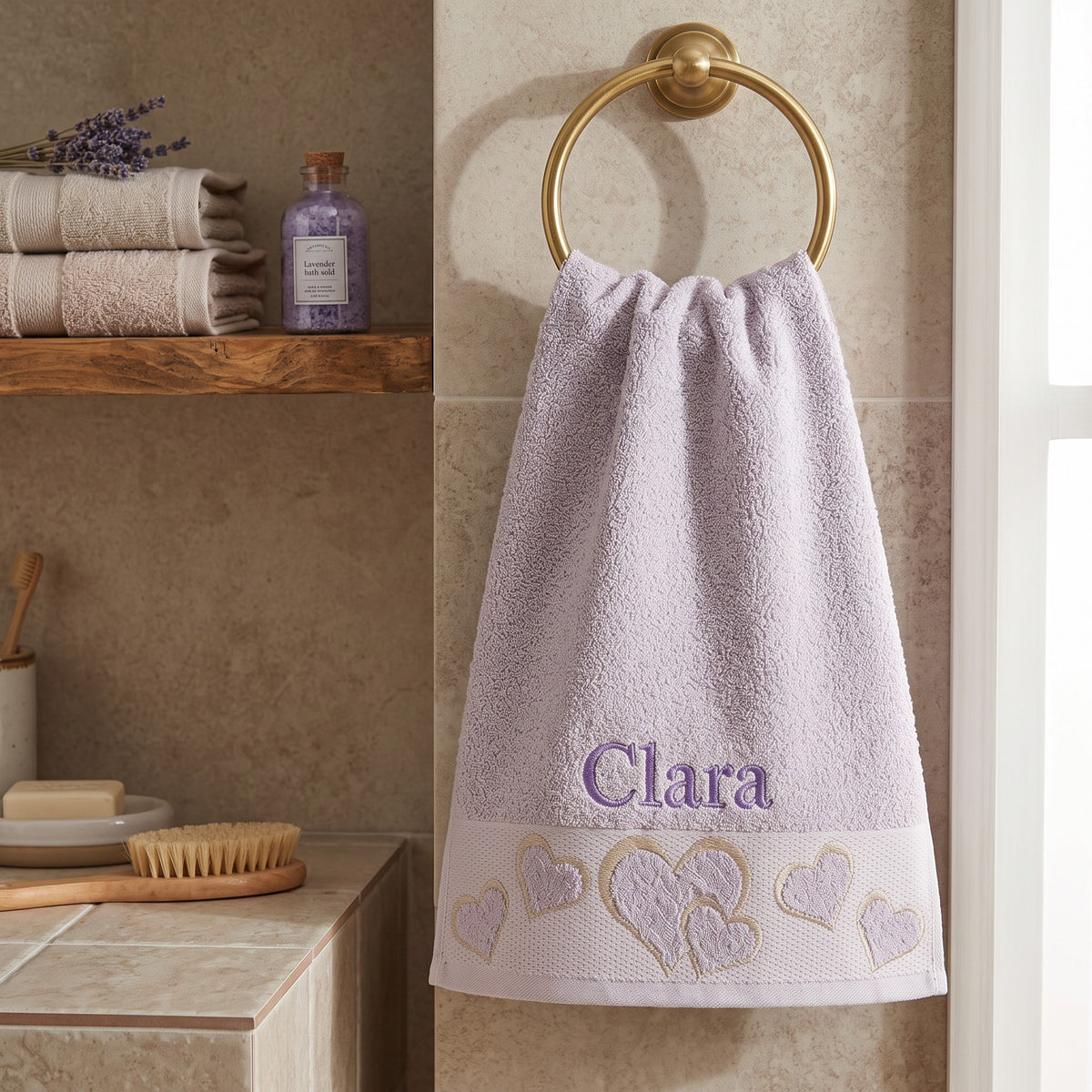 Clara personalized heart hand towel, lavender serif embroidery on mauve cotton — photo 5