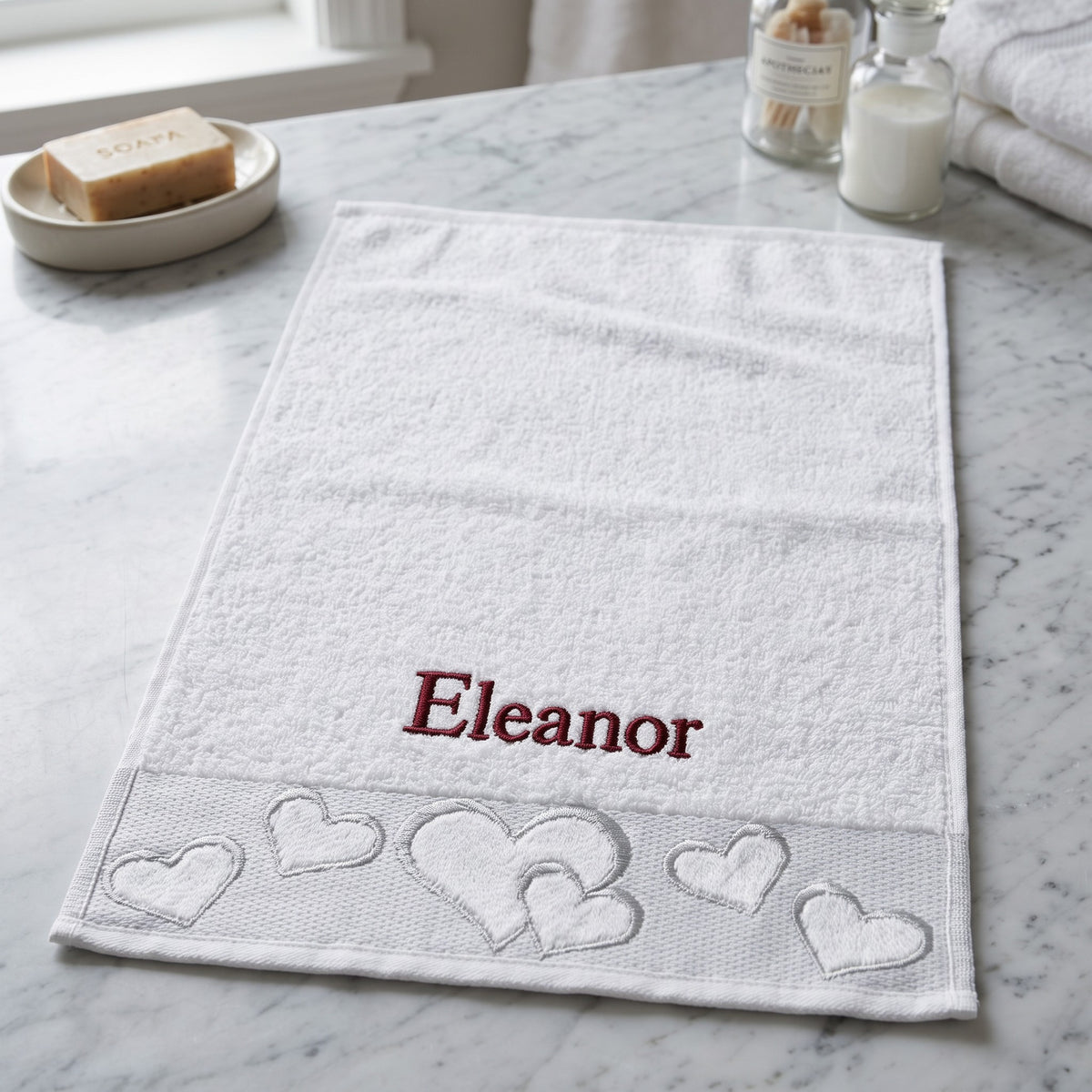 Eleanor personalized heart hand towel, burgundy serif embroidery on white cotton — photo 4
