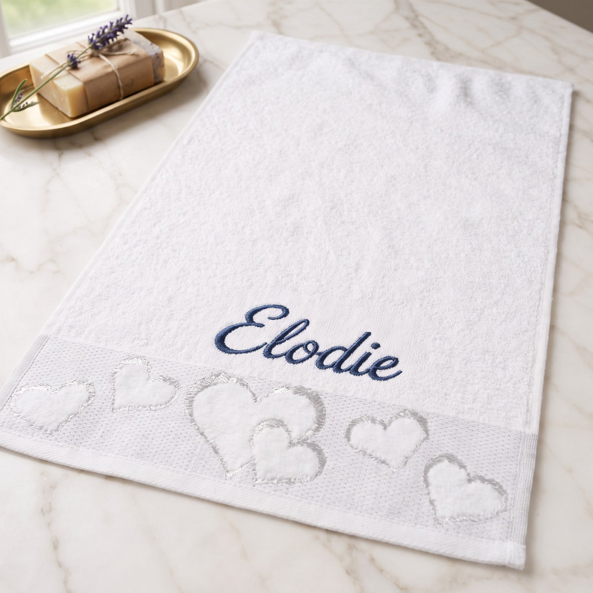 Elodie personalized heart hand towel, navy script embroidery on white cotton — photo 3