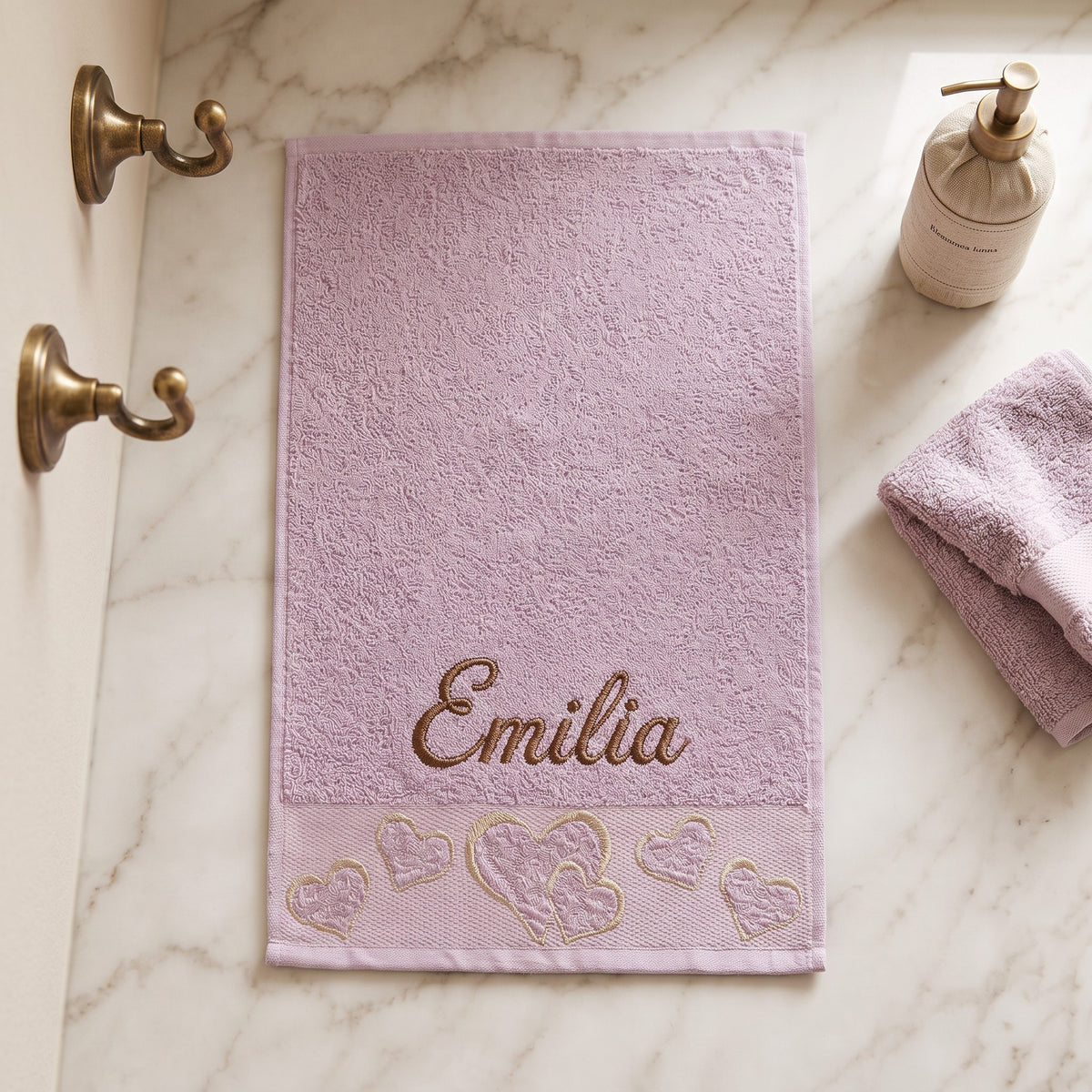 Emilia personalized heart hand towel, cocoa brown script embroidery on lilac cotton — photo 3
