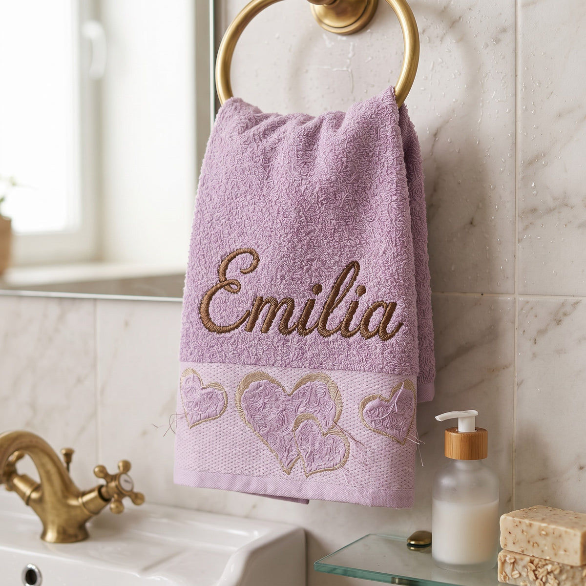 Emilia personalized heart hand towel, cocoa brown script embroidery on lilac cotton — photo 4