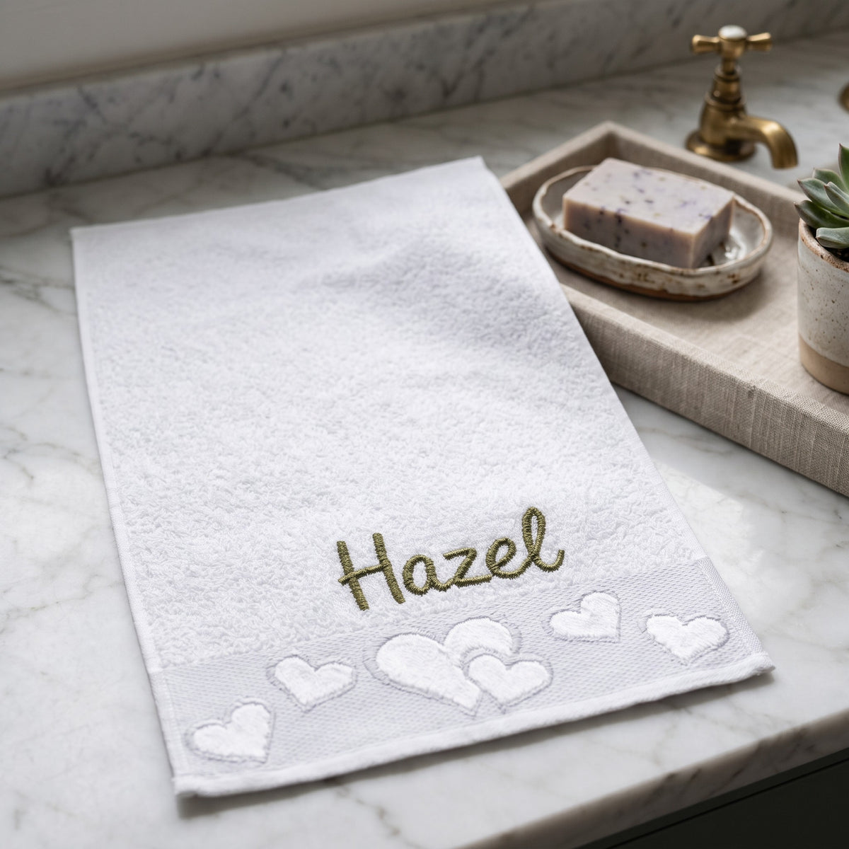 Hazel personalized heart hand towel, olive green script embroidery on white cotton — photo 3