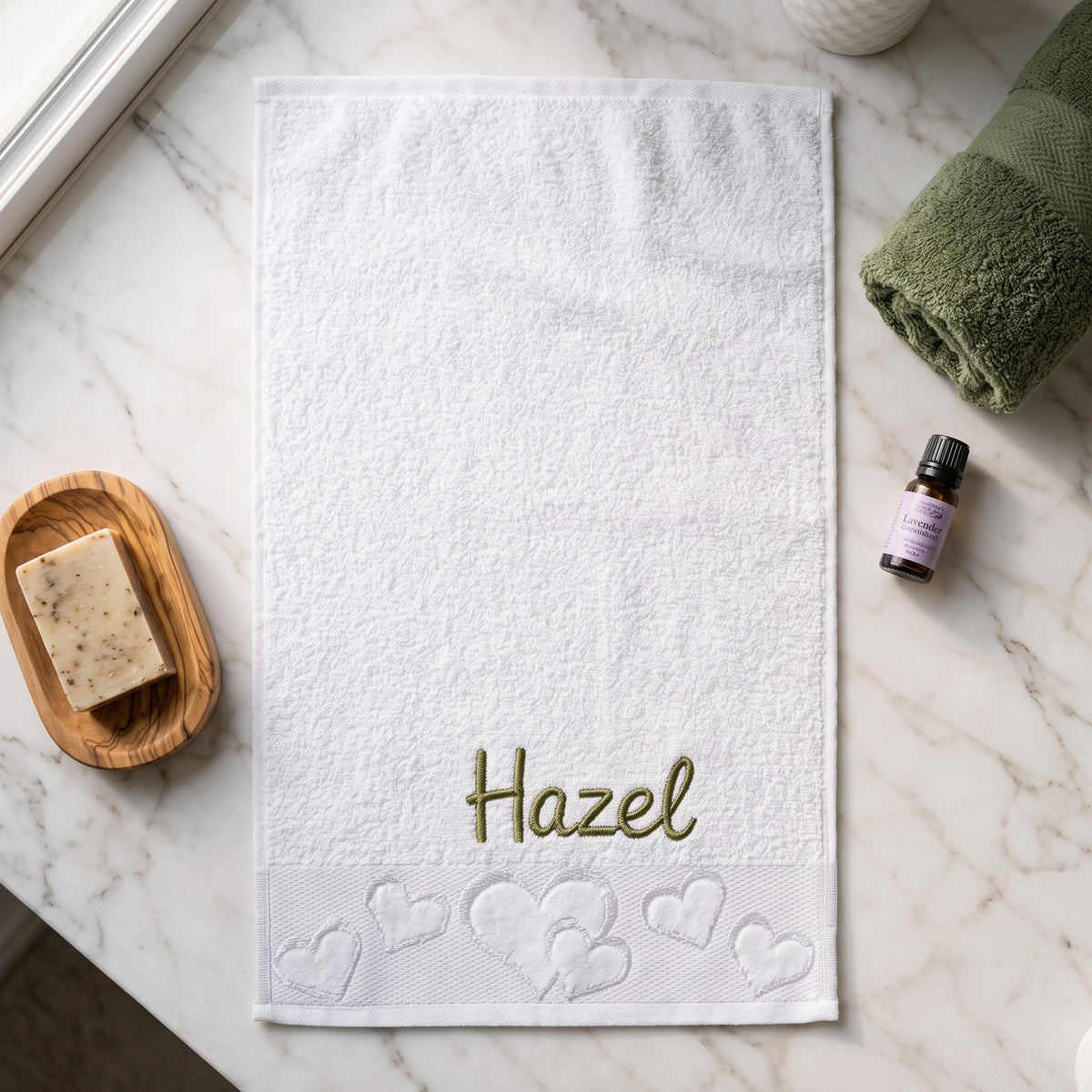 Hazel personalized heart hand towel, olive green script embroidery on white cotton — photo 5