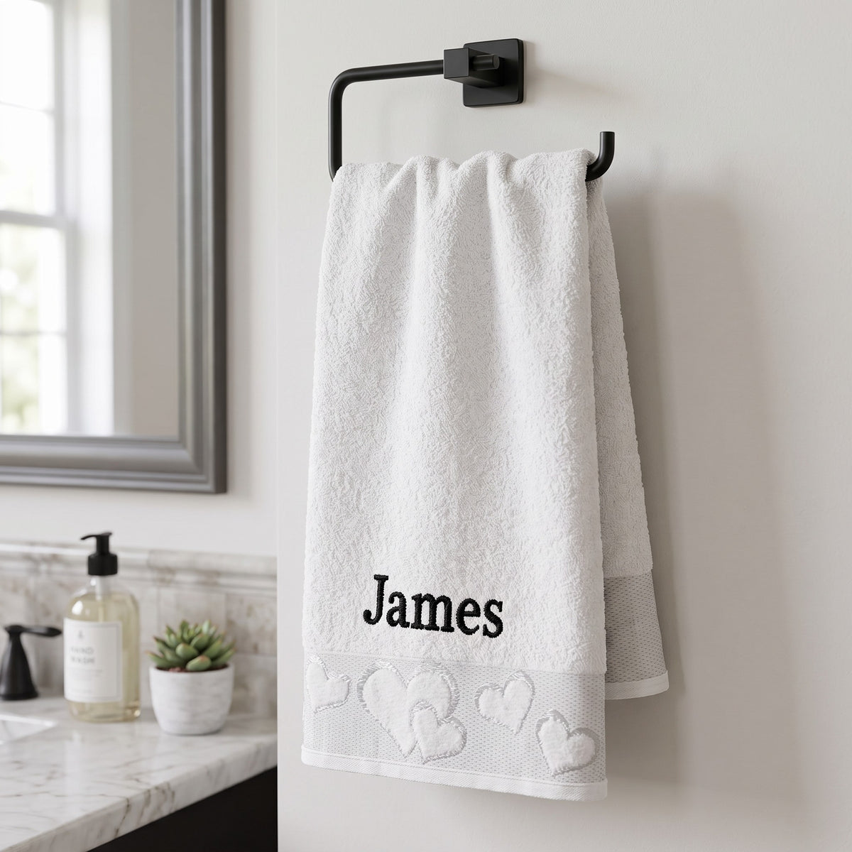 James personalized heart hand towel, black serif embroidery on white cotton — photo 3