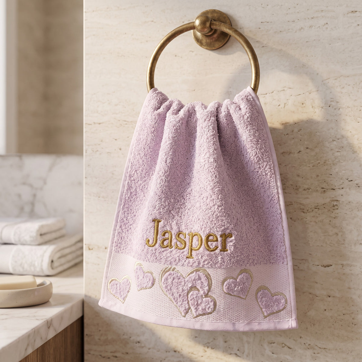 Jasper personalized heart hand towel, gold serif embroidery on lilac cotton — photo 3