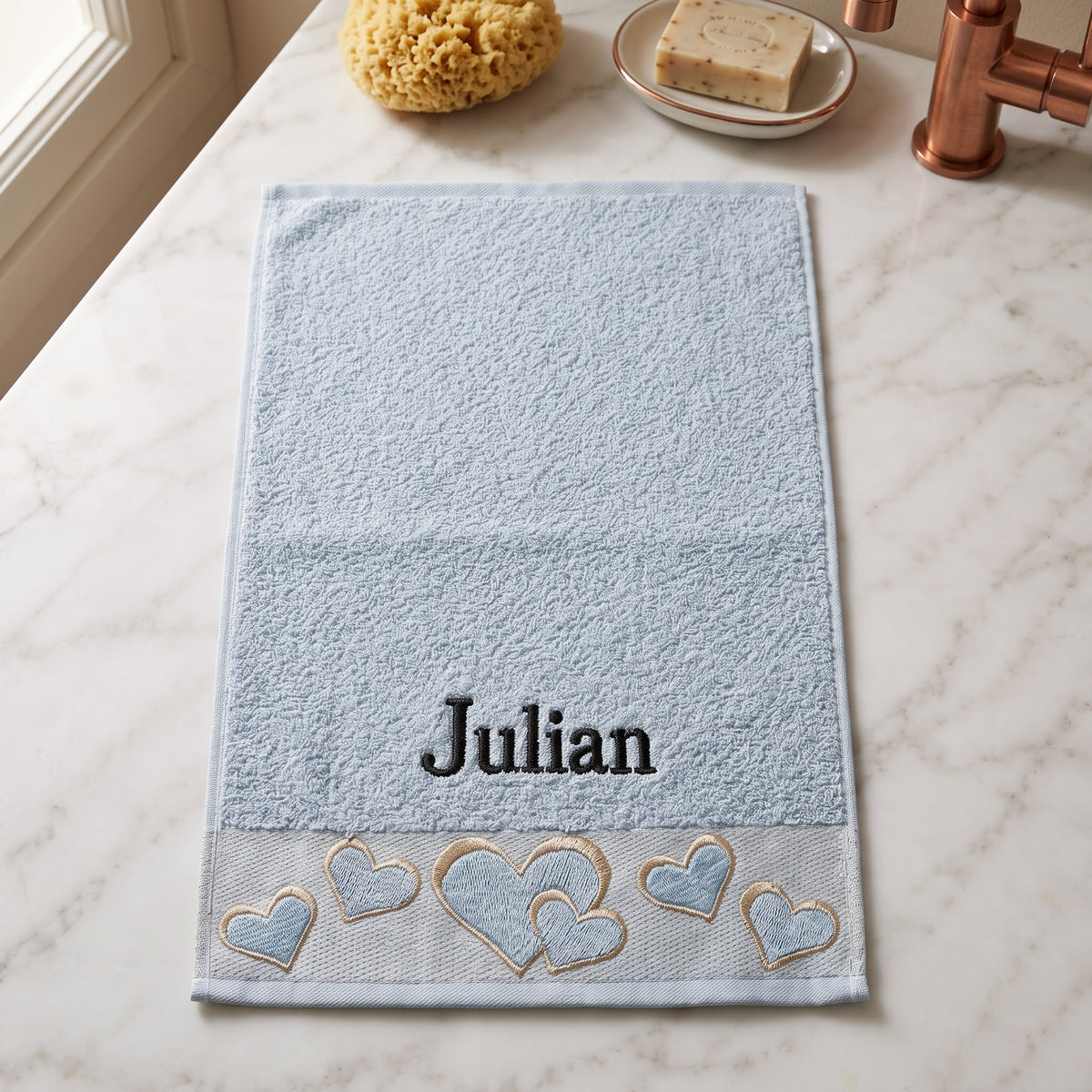 Julian personalized heart hand towel, black serif embroidery on baby blue cotton — photo 3
