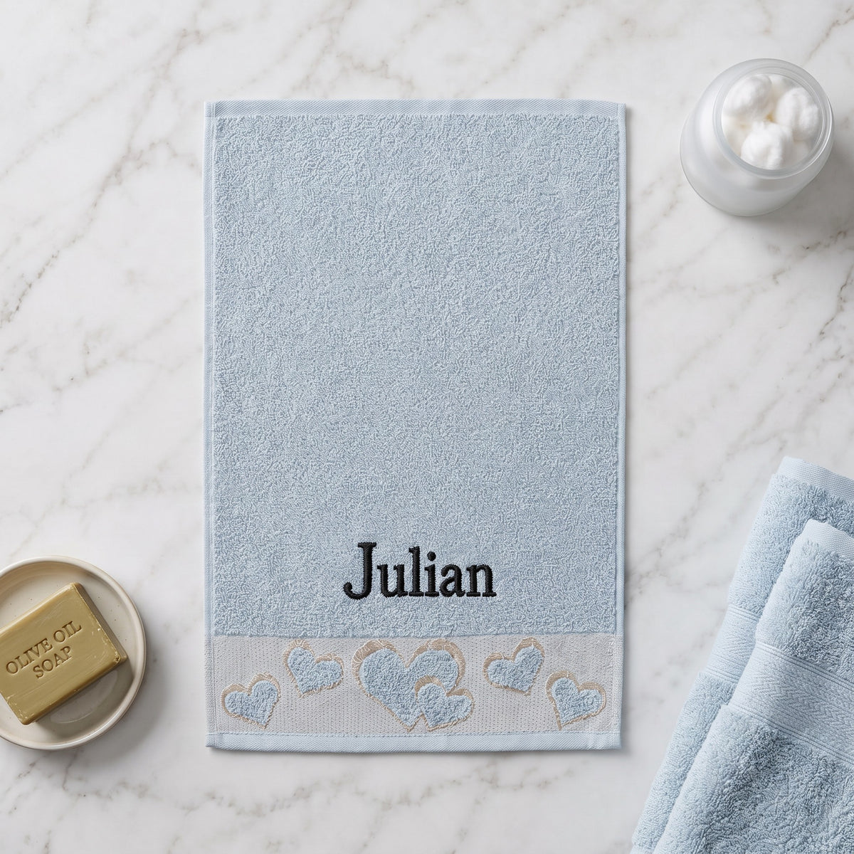Julian personalized heart hand towel, black serif embroidery on baby blue cotton — photo 4