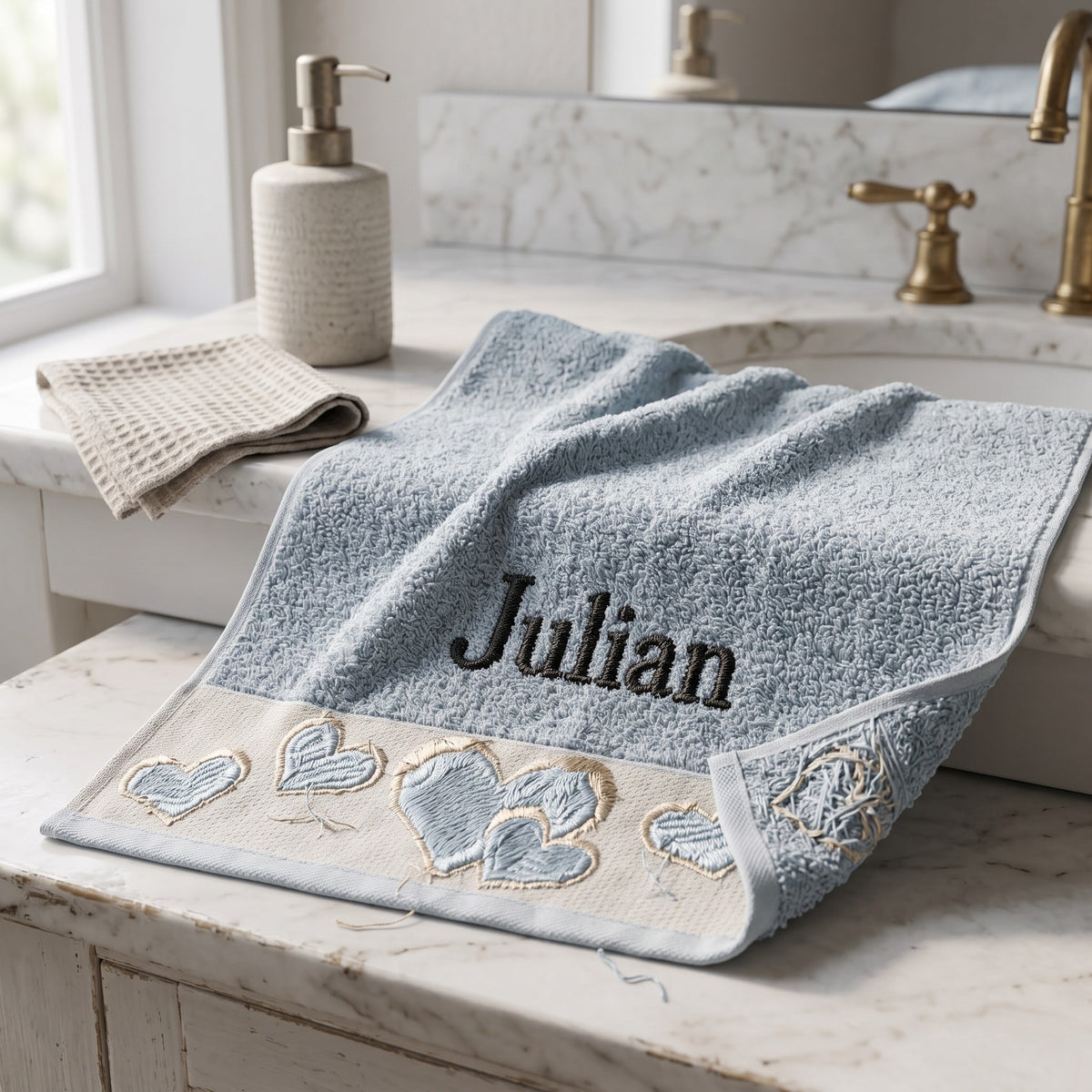 Julian personalized heart hand towel, black serif embroidery on baby blue cotton — photo 5