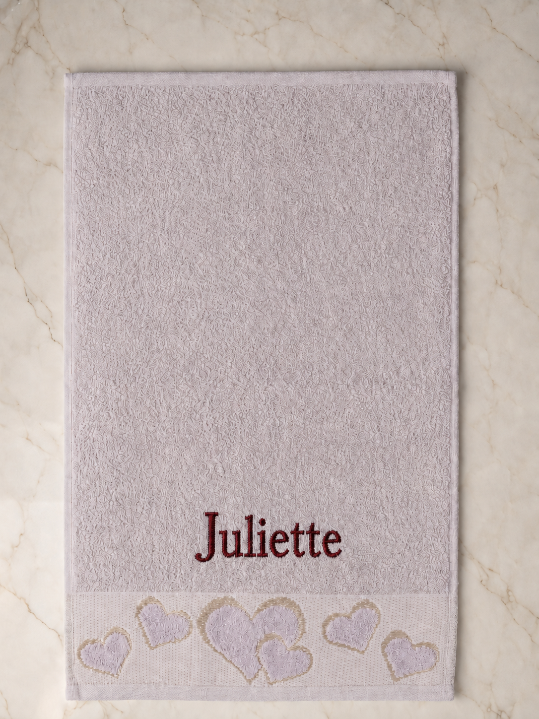 Juliette personalized heart hand towel, burgundy serif embroidery on mauve cotton
