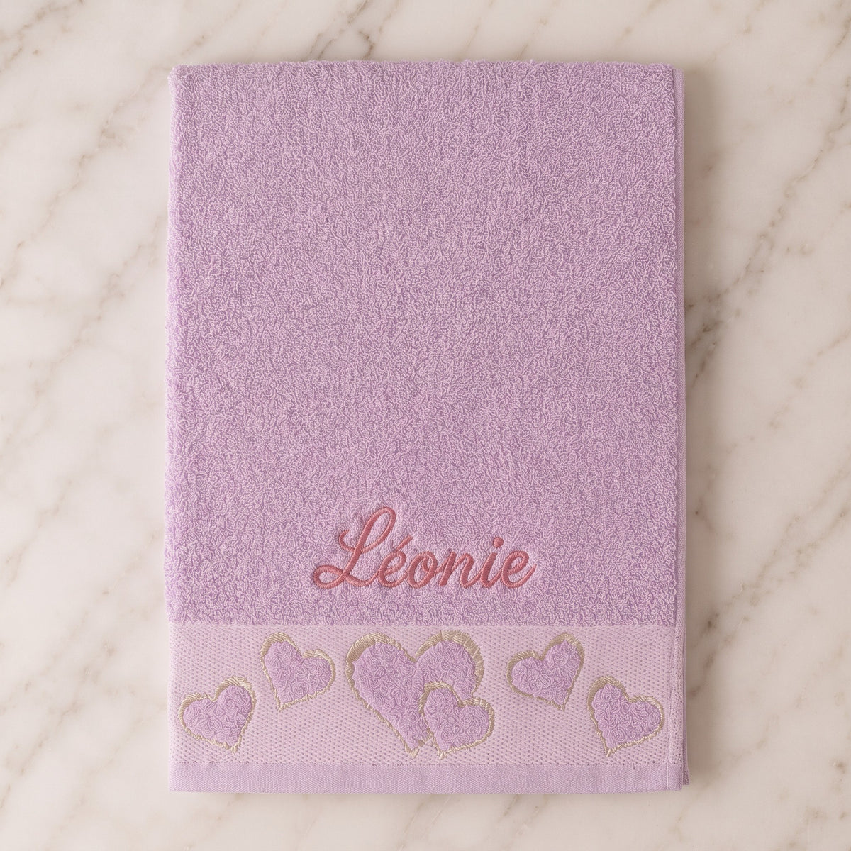 Léonie personalized heart hand towel, rose pink script embroidery on lilac cotton — photo 5