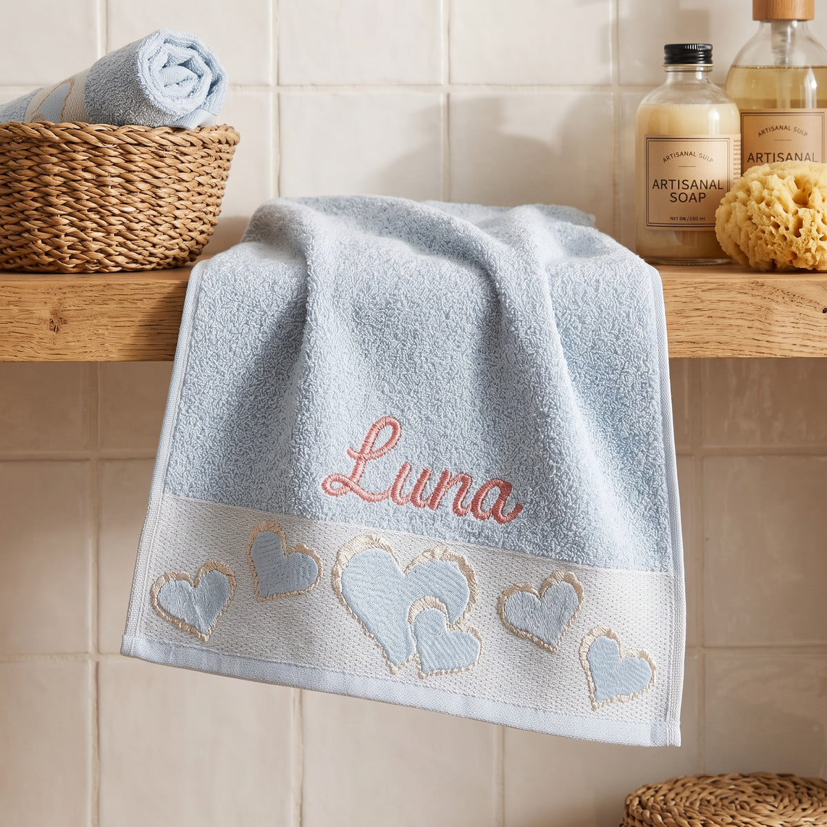 Luna personalized heart hand towel, coral pink script embroidery on baby blue cotton — photo 5