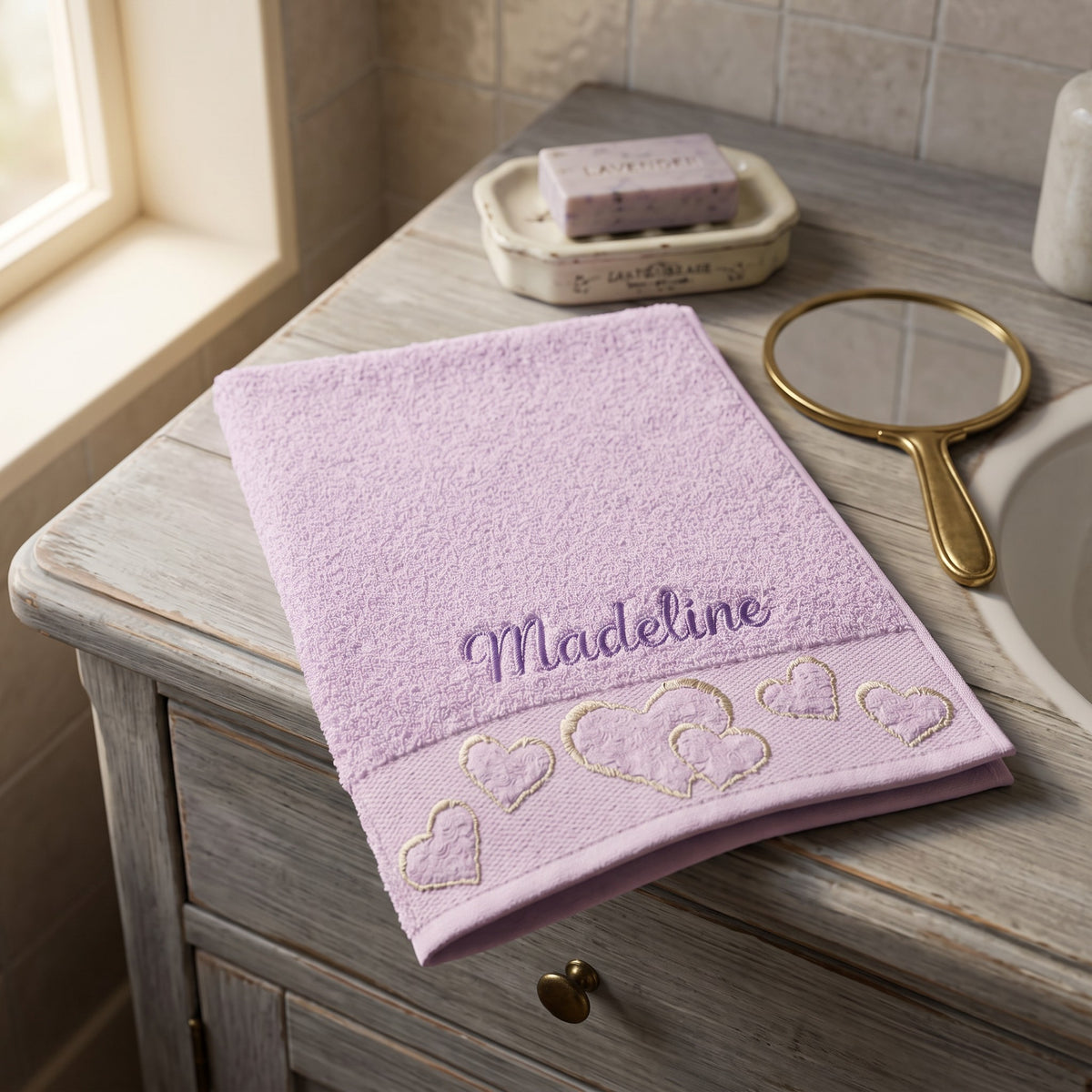 Madeline personalized heart hand towel, purple script embroidery on lilac cotton — photo 3