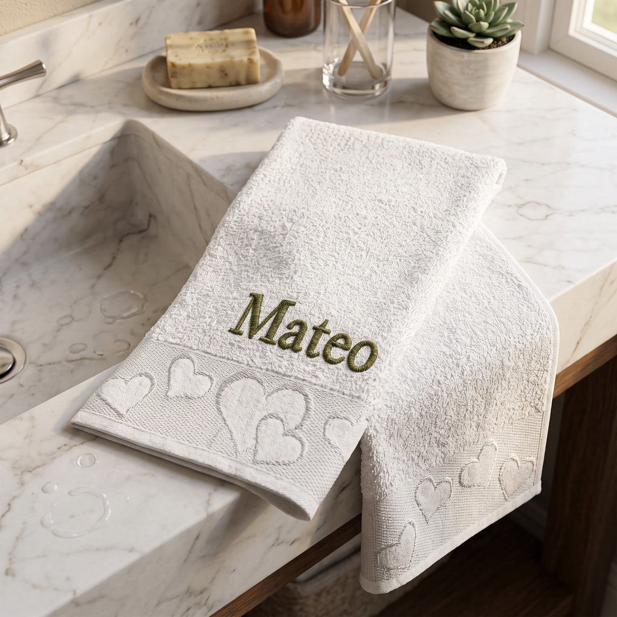 Mateo personalized heart hand towel, olive green serif embroidery on white cotton — photo 3
