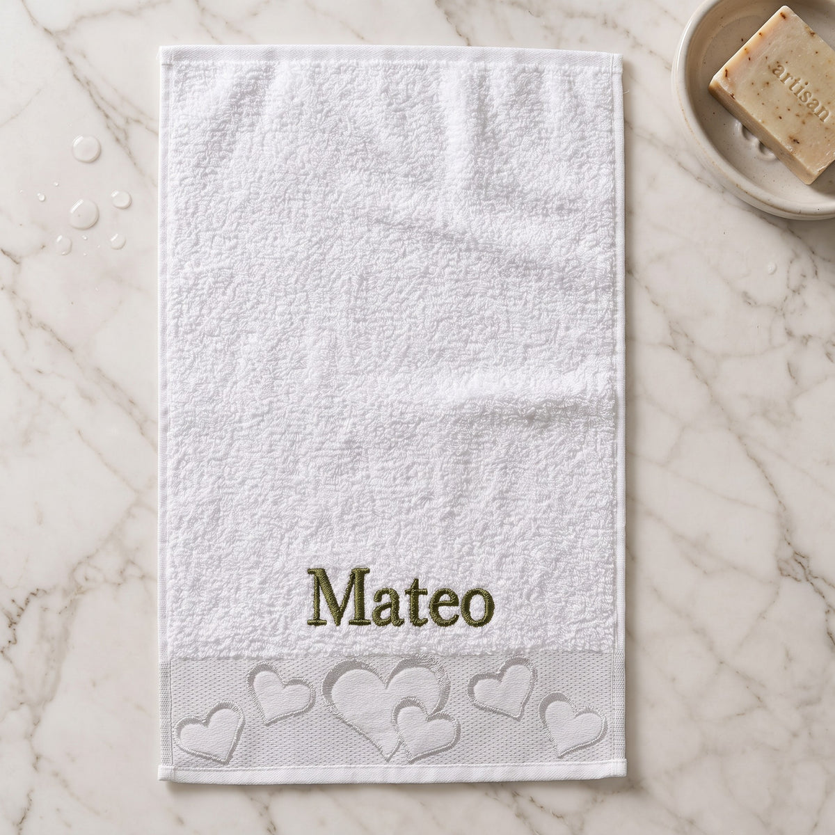 Mateo personalized heart hand towel, olive green serif embroidery on white cotton — photo 4
