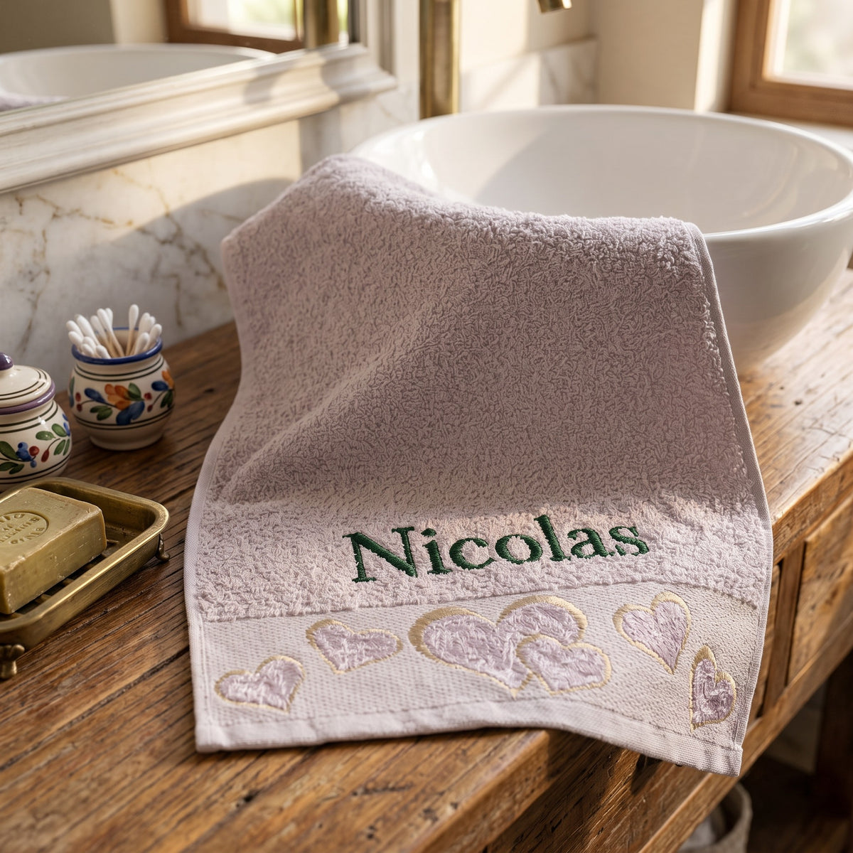 Nicolas personalized heart hand towel, forest green serif embroidery on mauve cotton — photo 3