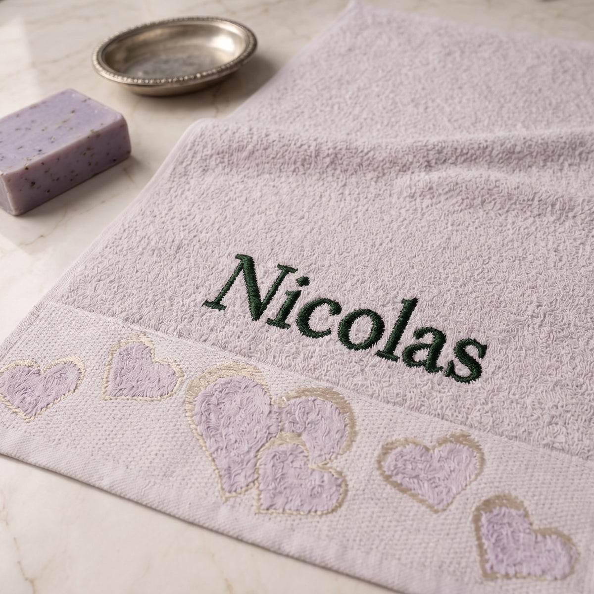 Nicolas personalized heart hand towel, forest green serif embroidery on mauve cotton — photo 4