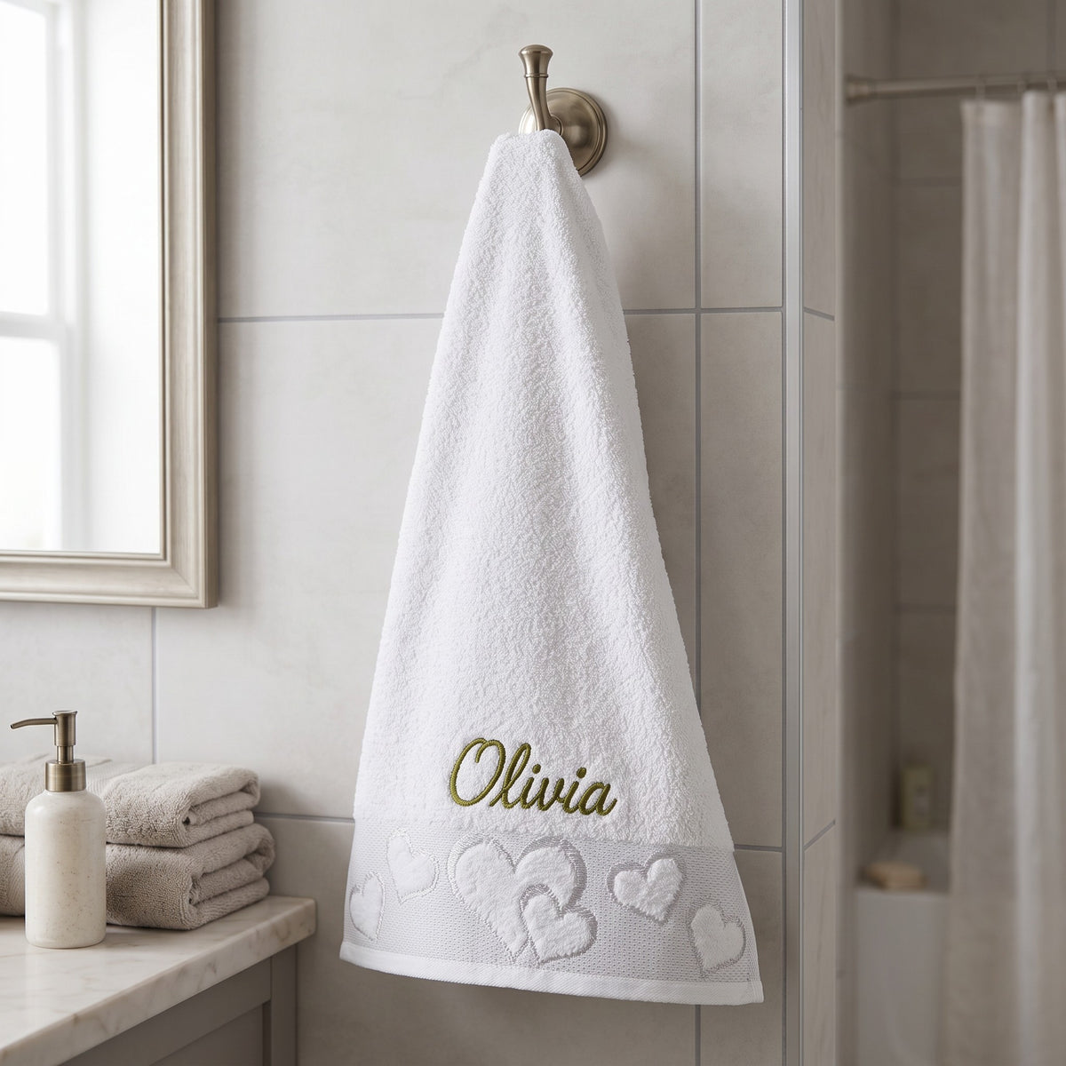 Olivia personalized heart hand towel, olive green script embroidery on white cotton — photo 3