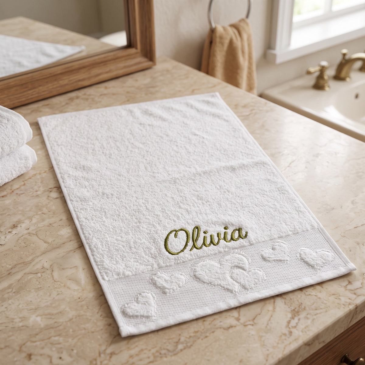 Olivia personalized heart hand towel, olive green script embroidery on white cotton — photo 4