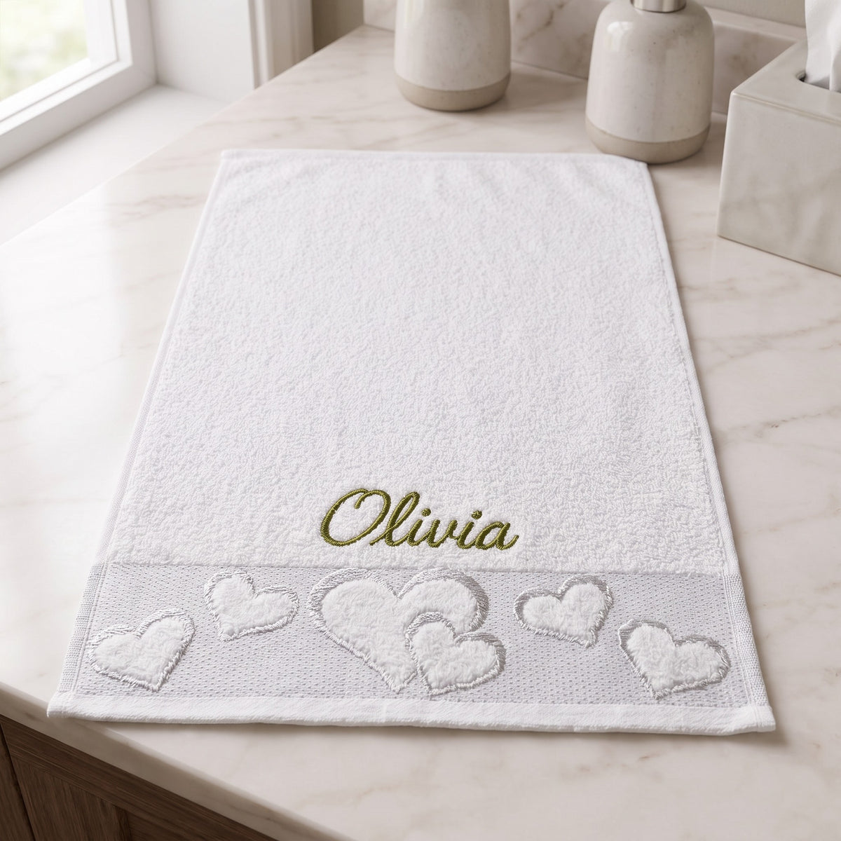 Olivia personalized heart hand towel, olive green script embroidery on white cotton — photo 5