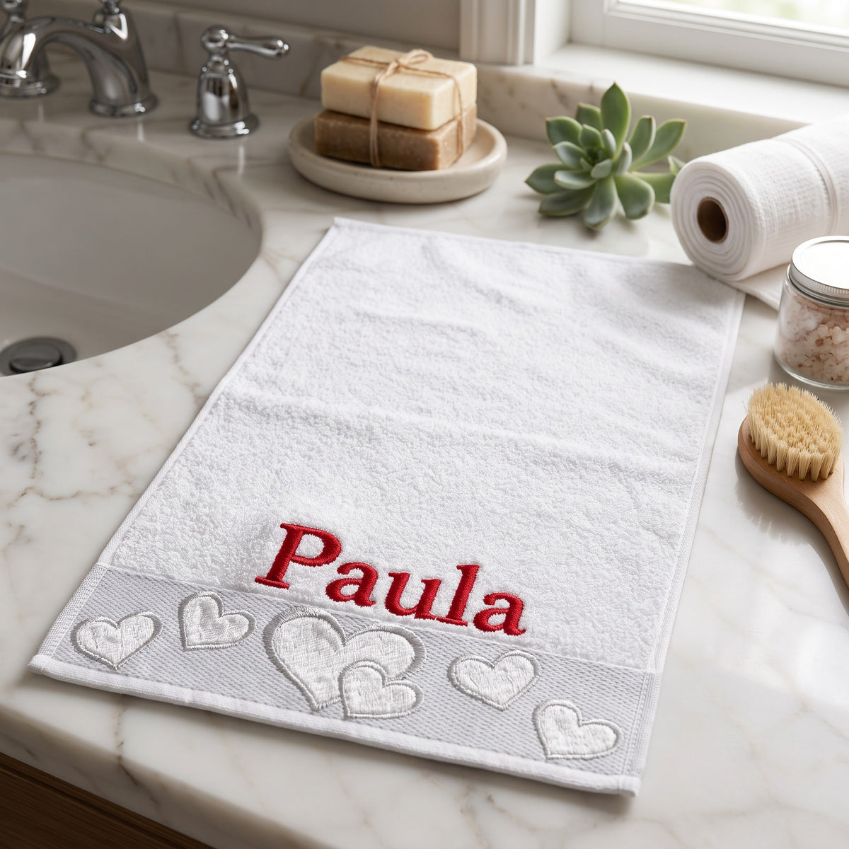Paula personalized heart hand towel, red serif embroidery on white cotton — photo 3