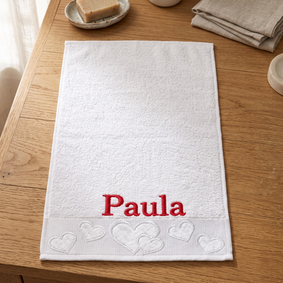 Paula personalized heart hand towel, red serif embroidery on white cotton — photo 4