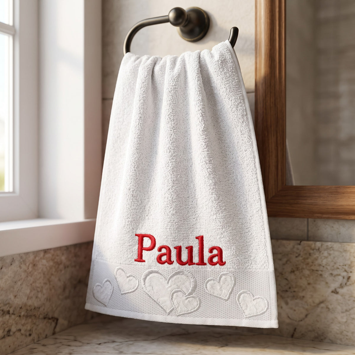 Paula personalized heart hand towel, red serif embroidery on white cotton — photo 5