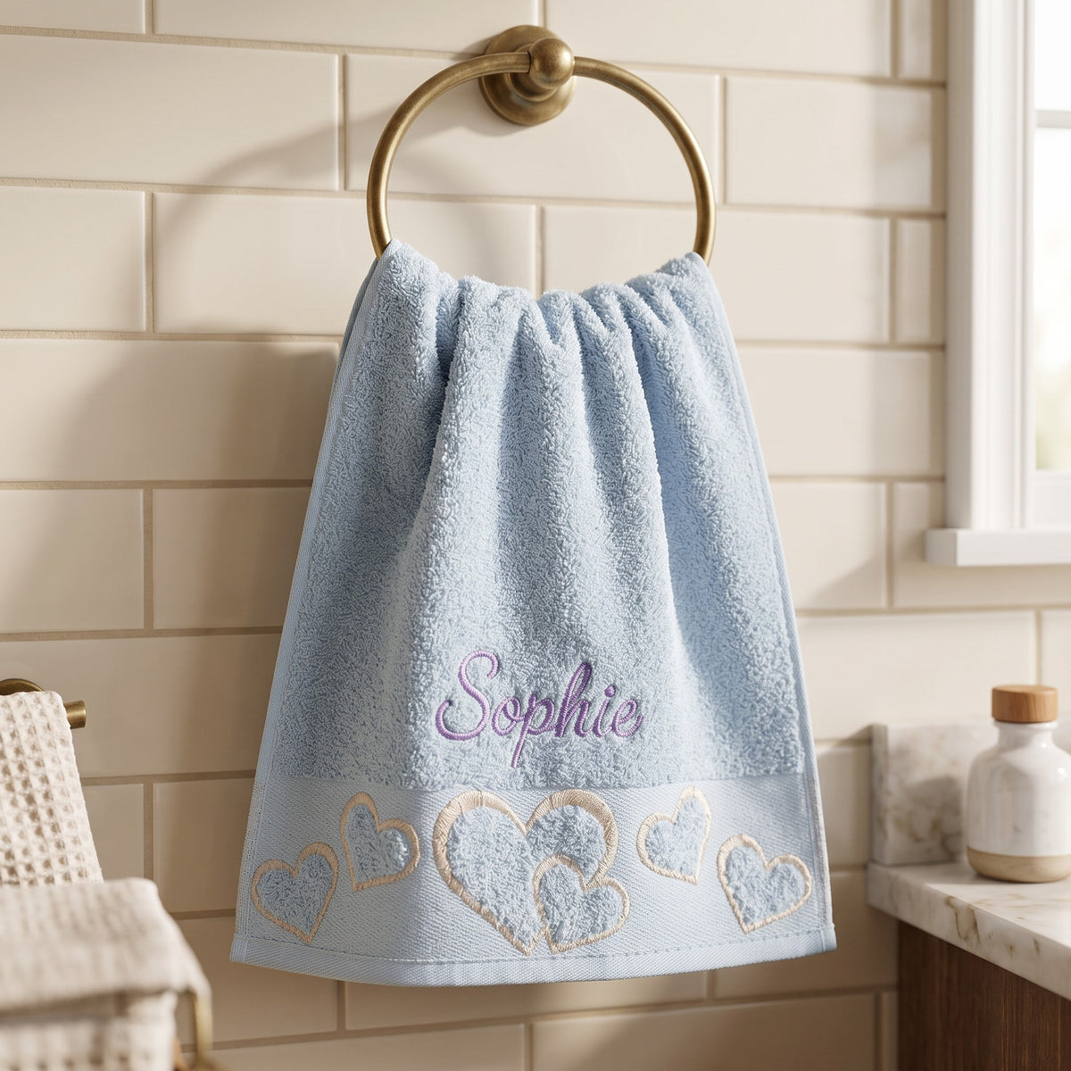 Sophie personalized heart hand towel, lavender script embroidery on baby blue cotton — photo 4