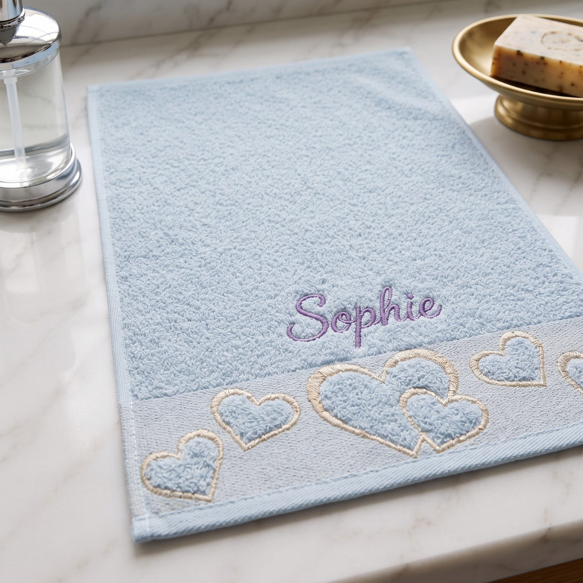 Sophie personalized heart hand towel, lavender script embroidery on baby blue cotton — photo 5