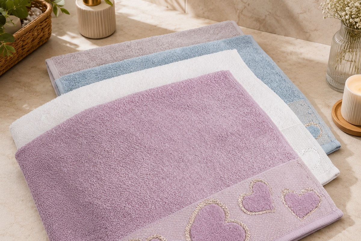 Plain cotton heart hand towels in baby blue, white, lilac and mauve