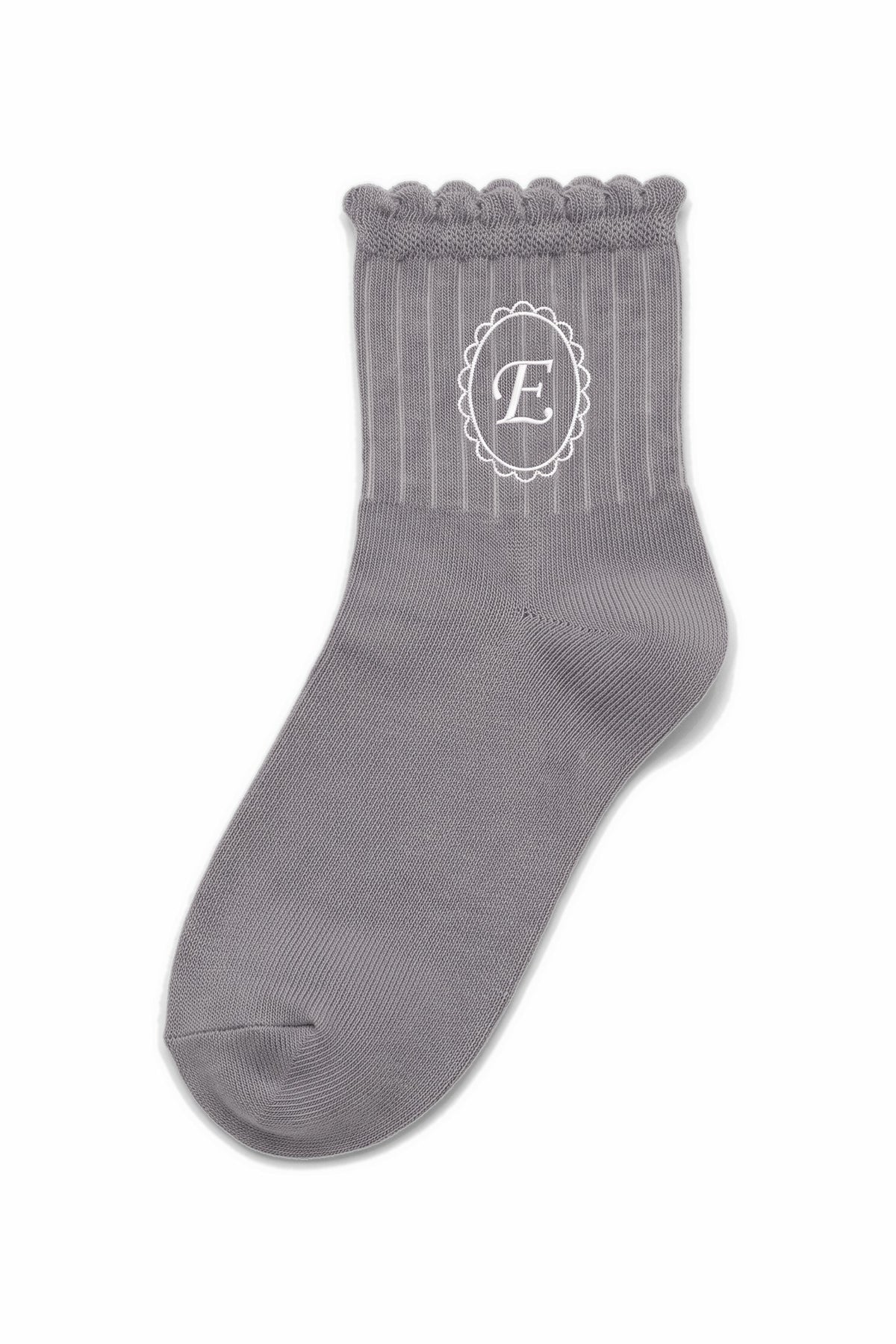 Grey ruffle ankle socks with custom embroidery on the cuff