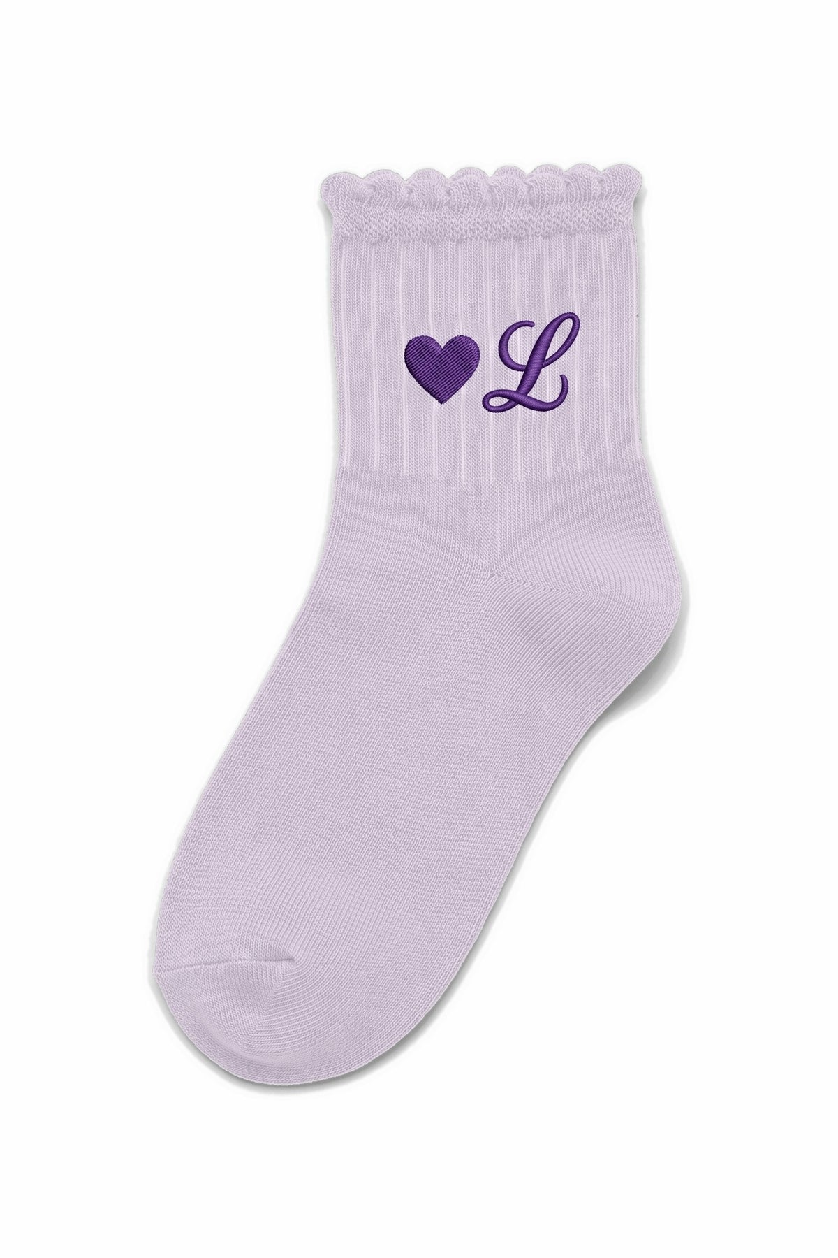 Light Lavender ruffle ankle socks with custom embroidery on the cuff