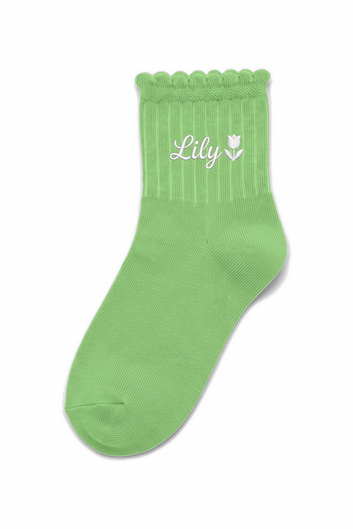 Pistachio Green ruffle ankle socks with custom embroidery on the cuff
