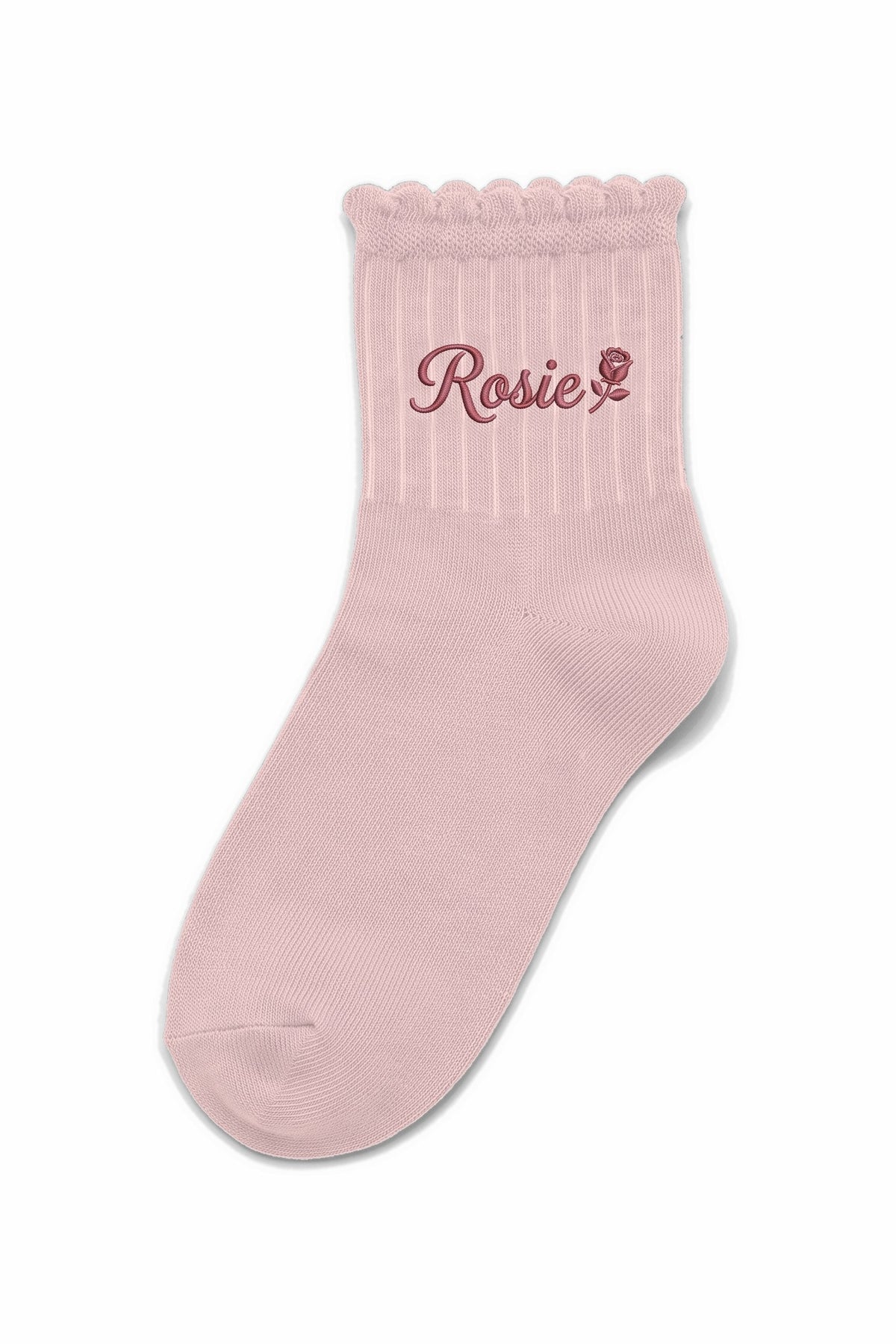 Powder Pink ruffle ankle socks with custom embroidery on the cuff