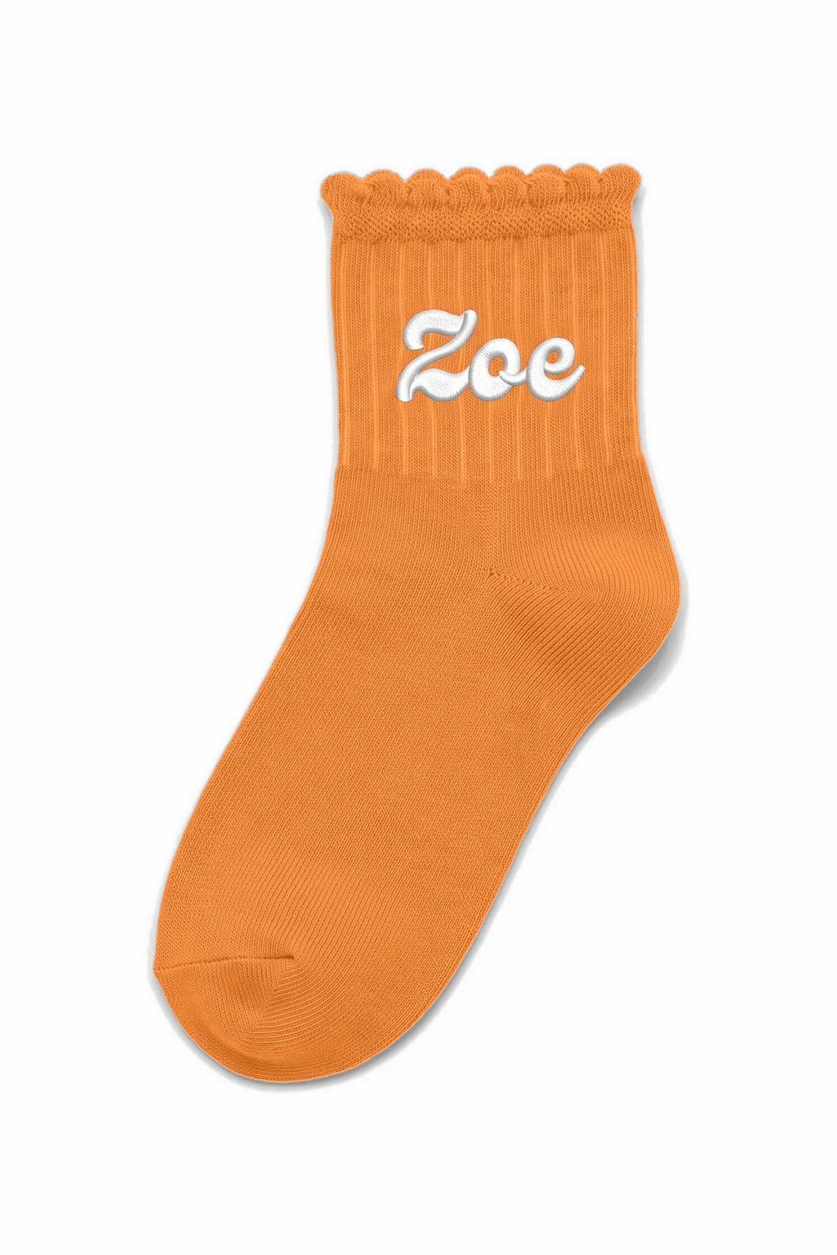 Orange ruffle ankle socks with custom embroidery on the cuff